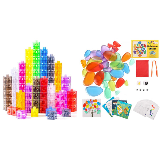 Odoorgames Translucent Math Blocks – 36 Pcs Translucent Pebbles, Rainbow Stones, Light Table Manipulatives, Preschool, Light Table Accessories, Includes 24 Activity Cards