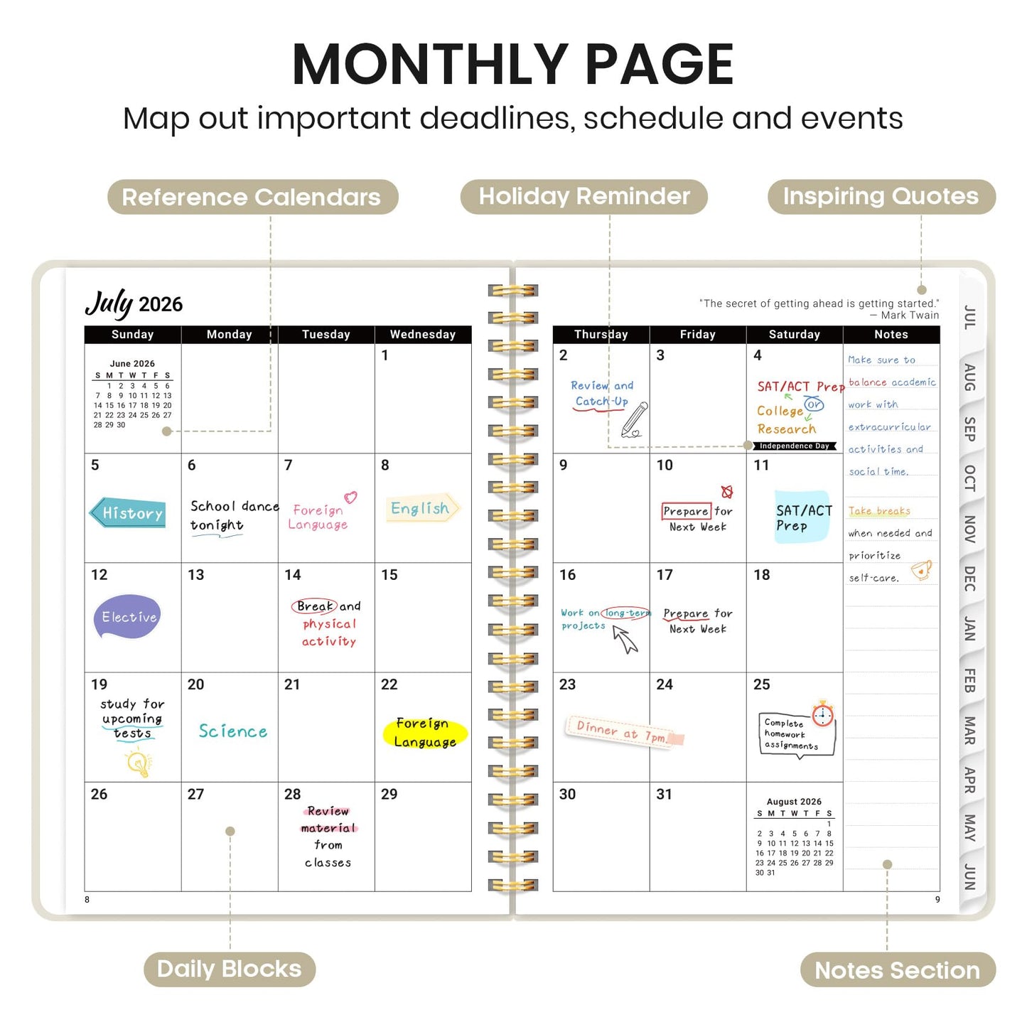 Planner 2026-2027 for Women & Men, Academic Monthly and Weekly Calendar Planner, Jul 2026 - Jun 2027, A5 (6.3" x 8.5"), Teacher Student Planning Book with Tabs, Ideal for Office School Supplies - Beige