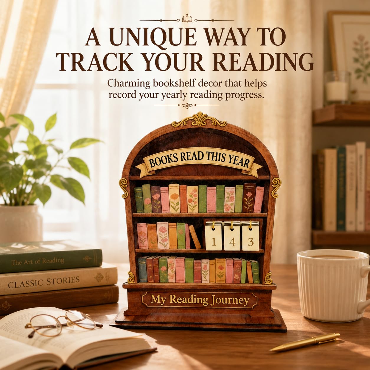 Wooden Reading Tracker, Annual Book Log for Book Lovers, Rustic Bookshelf Design, for Readers