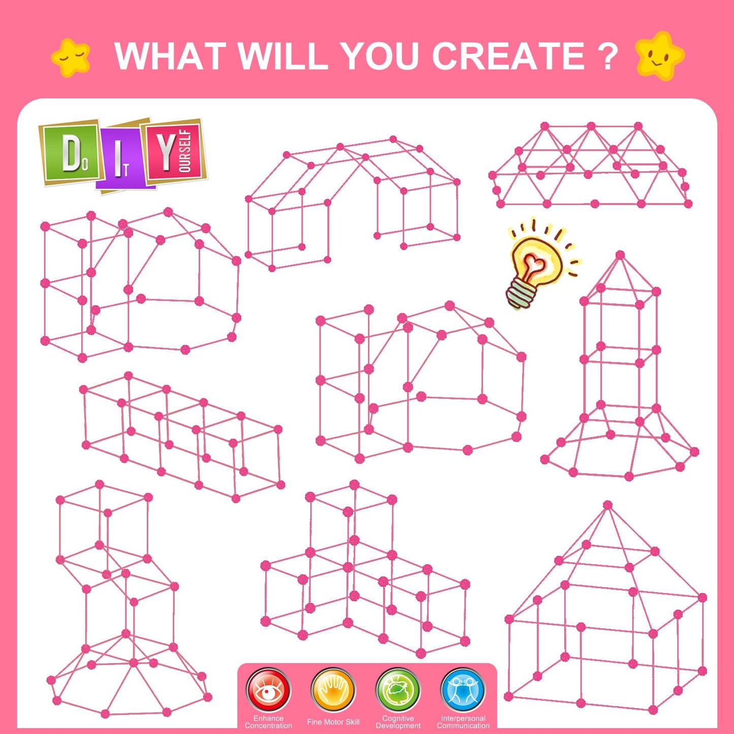 SpringFlower Fort Building Kit for Kids,STEM Construction Toys, Educational Gift for 3 4 5 6 7 8 9 10 11 12 Years Old Boys and Girls,Ultimate Creative Set for Indoor & Outdoors Activity,140 Pcs,Pink