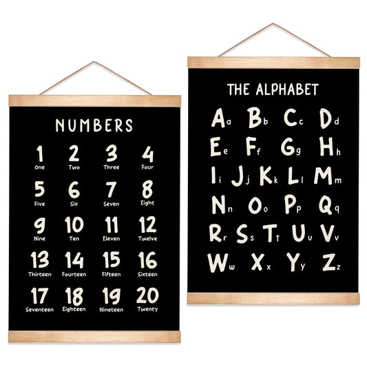 Alphabet and Numbers Educational Chart Set of 2 for Classroom Decor,Colorful Educational Poster for Toddlers 1-3,Toddler Learning Poster for Ages 3-5 for Nursery Playroom,Classroom Must Haves (Black)