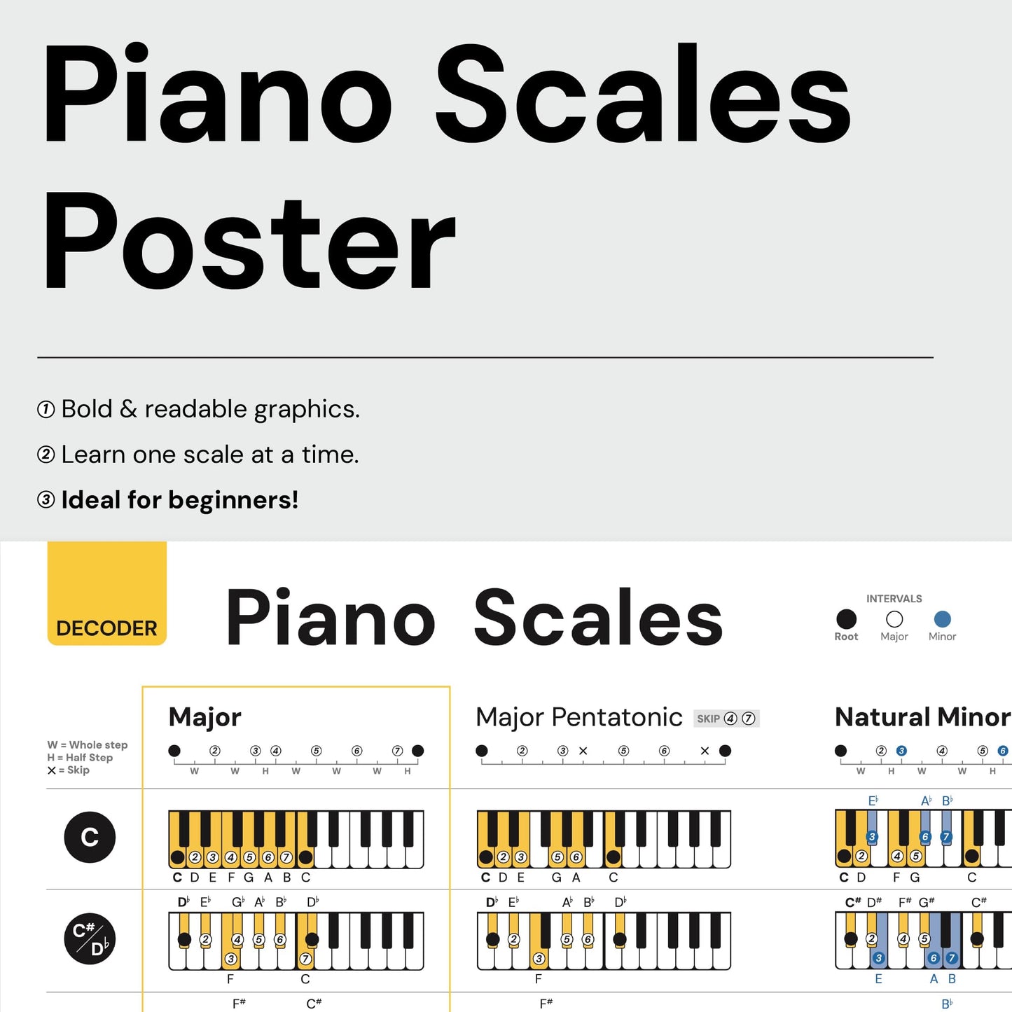 Noisy Clan Piano poster Bundle : Scales, Keys, Chords and Circle of Fifths Tool! Back to School Music Learning Tool - Posters 25" x 24" canvas packaged folded. Make music theory easy and play more