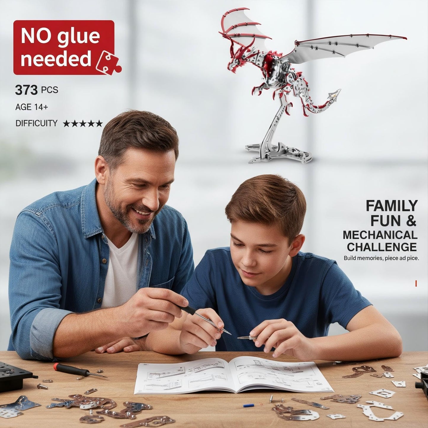 Dragon 3D Metal Puzzles for Adults, 373 PCS Stainless Steel DIY Mechanical Metal Model Kits,No Glue Assembly with Movable Joints,Challenging Metal Building Kit Desk Decor Gift(Silver Red Dragon)
