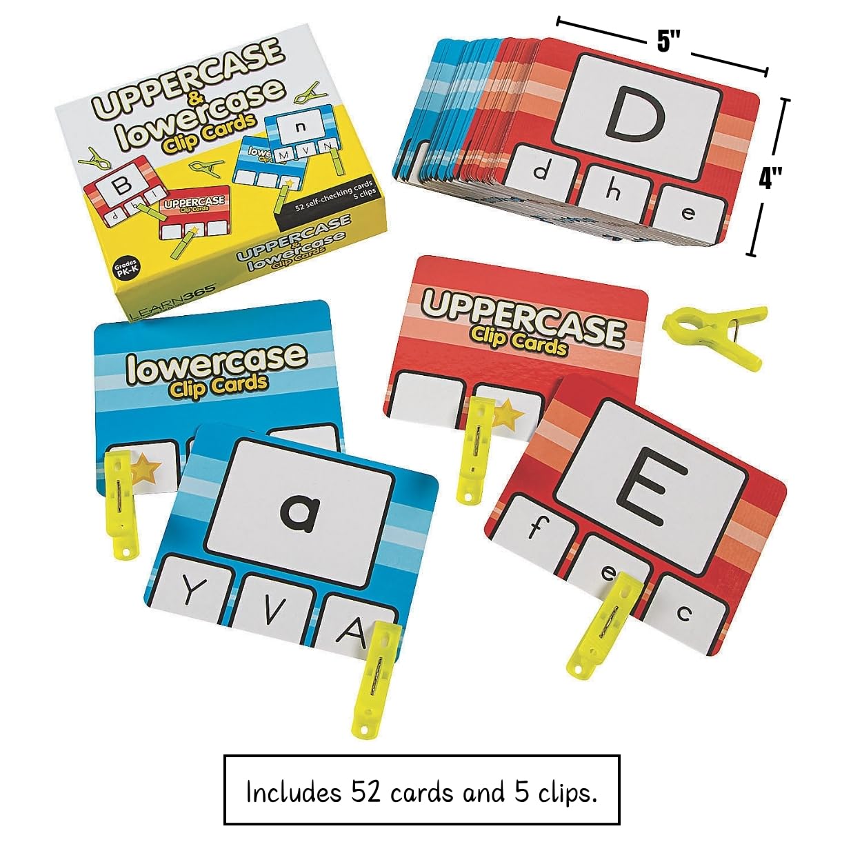 Fun Express Uppercase & Lowercase Letter Clip Card Set - Fun Learning Activities for Kids - Laminated Cardstock, 5” x 4” - Perfect for Early Education - 57-Pieces