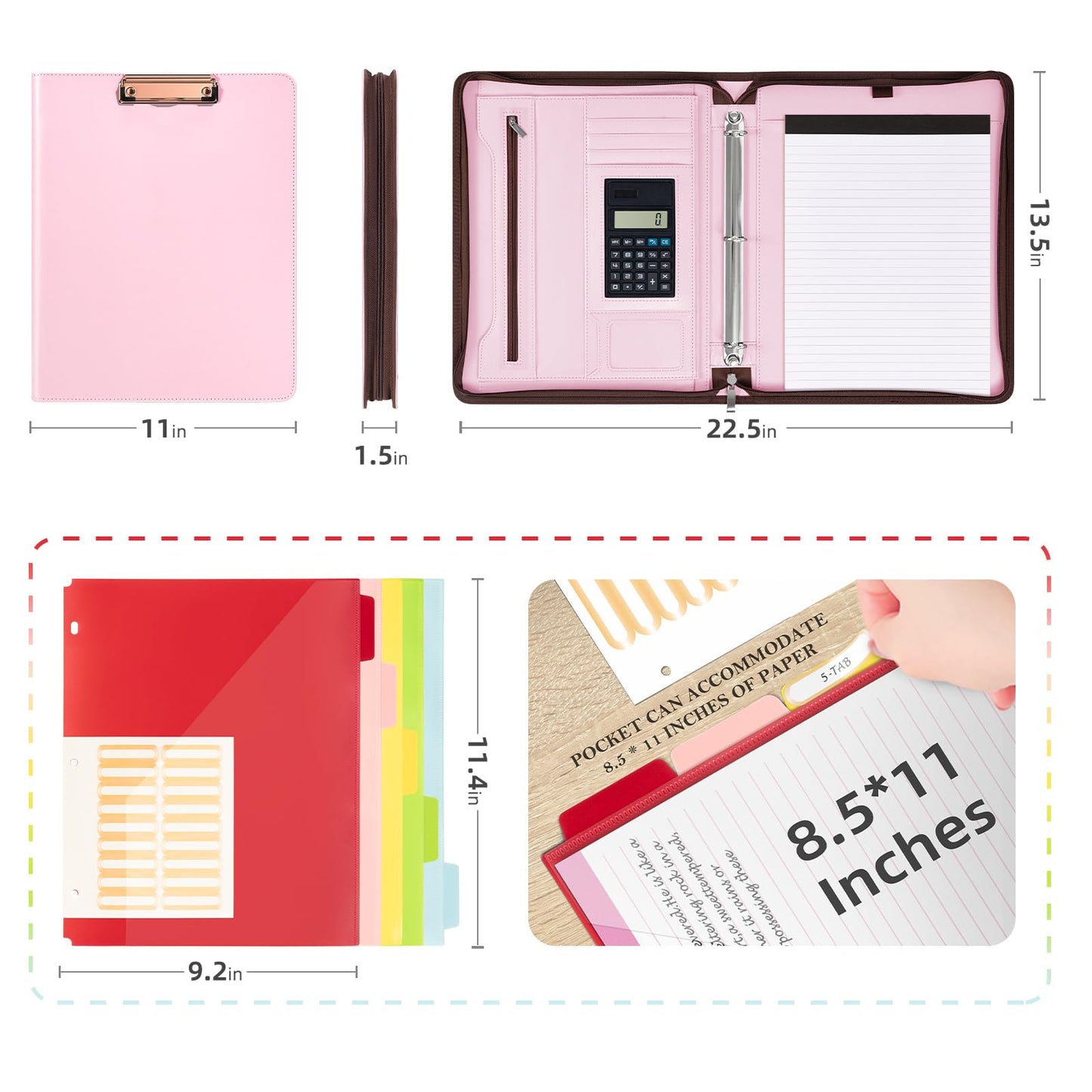 Ospelelf Pink Leather Portfolio Binder 3 Ring, Zippered Clipboard Folder with Storage - 5 Dividers with Pocket, Padfolio for Women,12.1” Tablet Sleeve, Refillable Notepad, Card Slot