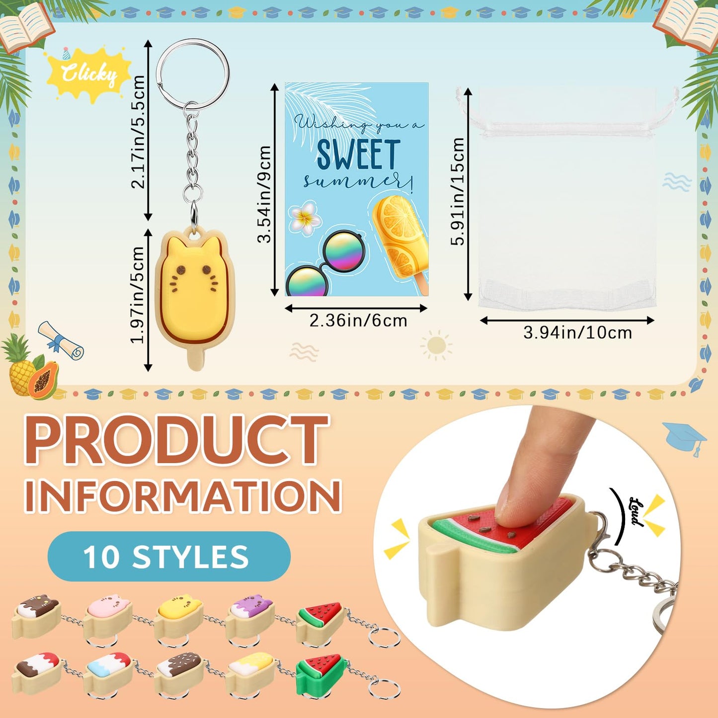 Gerrii 20 Sets Ice Cream 3D Clicker Fidget Keychains Inspirational Card Bulk 3D Press Stress Relief Sensory Keychain Gifts Graduation Party Favors Summer Goodie Bag Stuffers Office Gifts for Coworkers