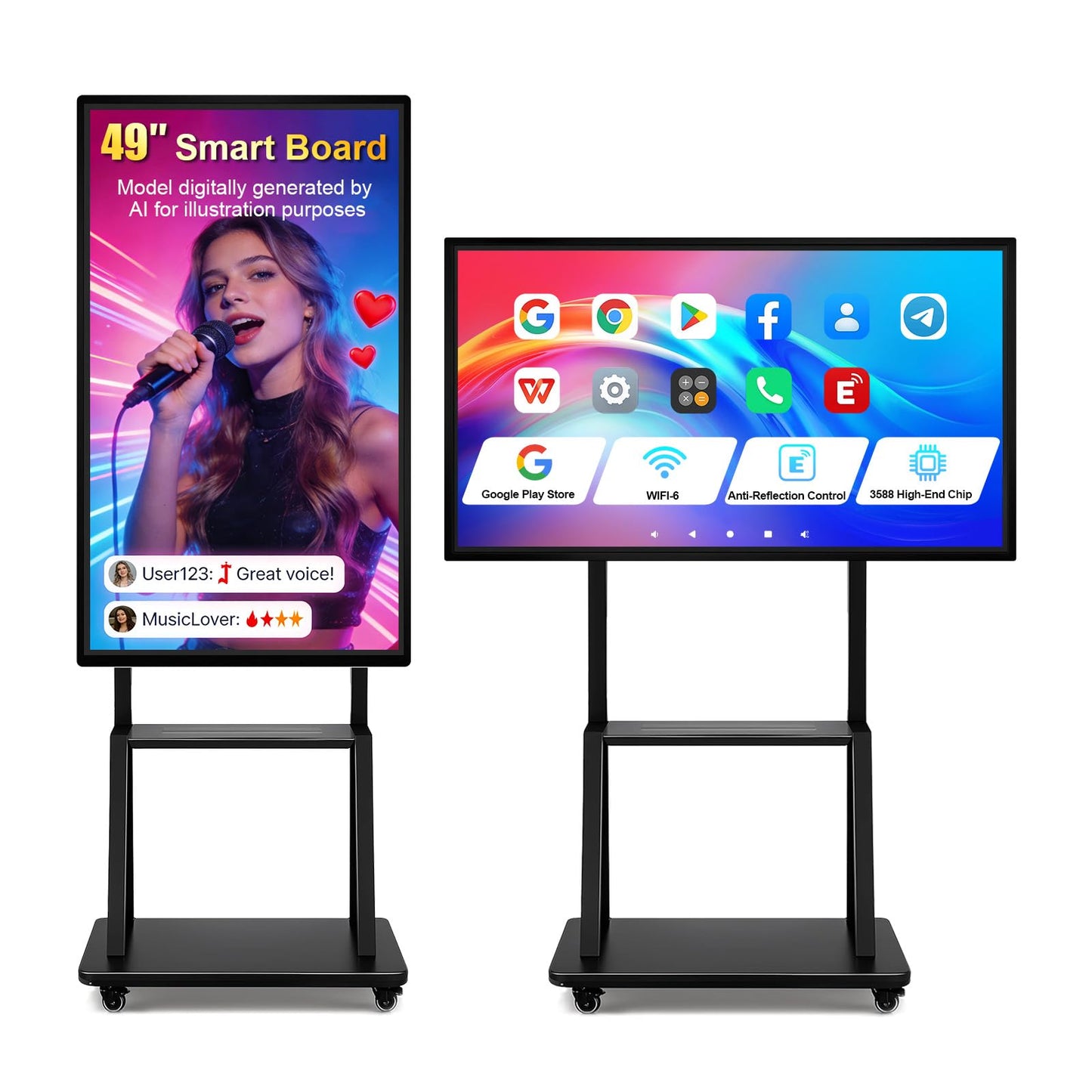 49" Smart Board, Electronic Interactive Smartboard for Classroom, Screen Mirroring, Android iOS 12, Digital Whiteboard for Presention Annotation Live Streaming(Wall Mount Included)