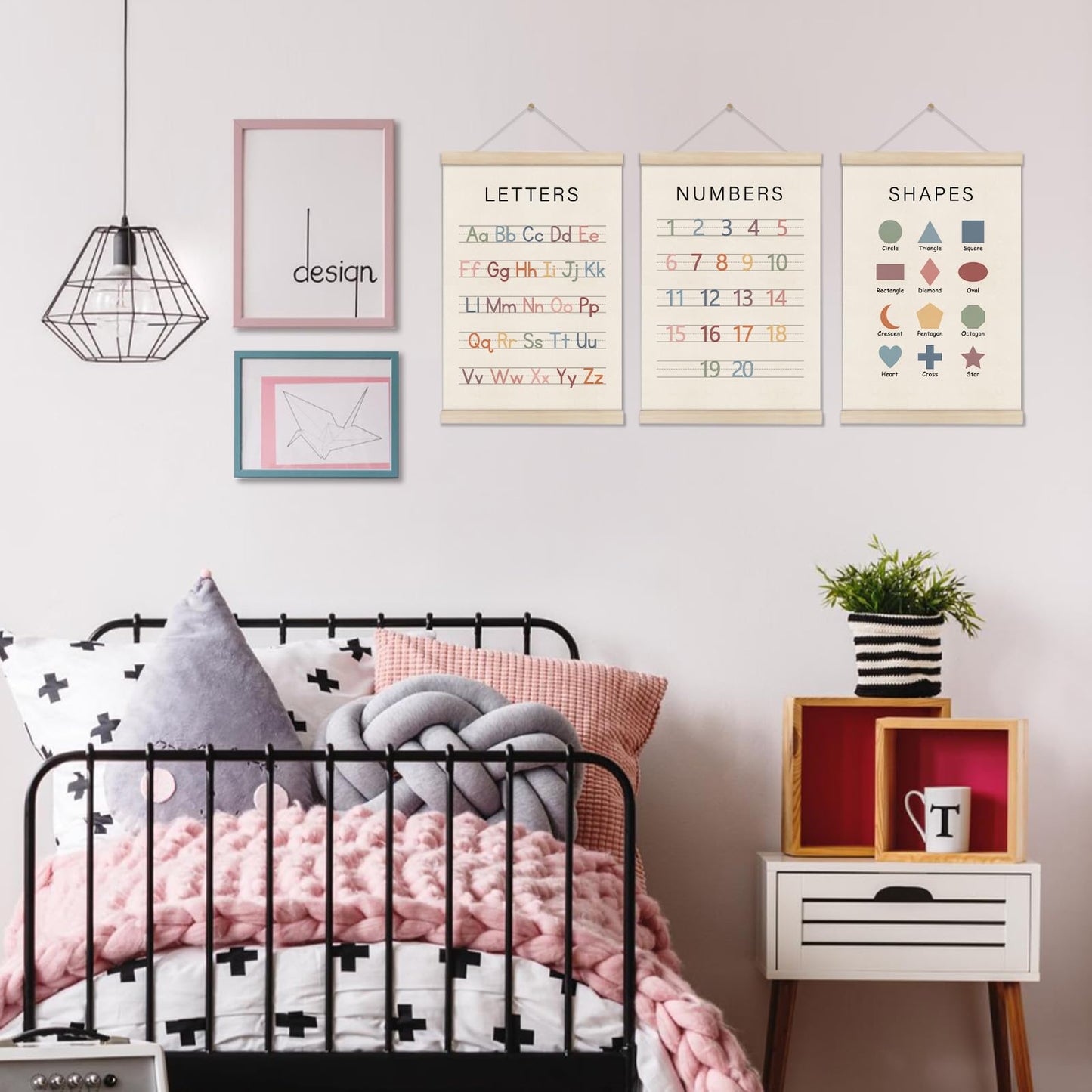 Set of 3 Alphabet Numbers Poster Hanger Frame, Preschool Learning Posters, Educational Canvas Wall Art, Montessori Nursery Wall, Toddler Room Decor for Boys Girls 16x12 Inch, Boho Classroom Decor