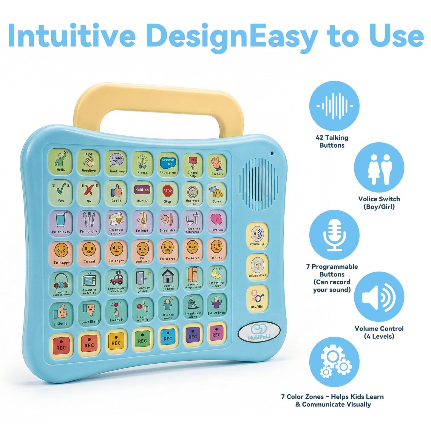 HuLiPaLi AAC Device for Autism Speech Therapy & Nonverbal Kids - 2-in-1 Portable Desktop Communication Tool with Boy/Girl Voices, 42 Preset Buttons, 7 Recordable Buttons & Adjustable Volume