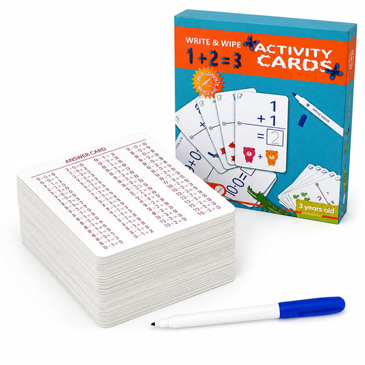 Write & Wipe Activity Cards for Kids, Reusable Tracing Flash Cards, Preschool Handwriting Practice Set, Letter Number Math Learning Activities Ages 3-6 (Addition and Subtraction)