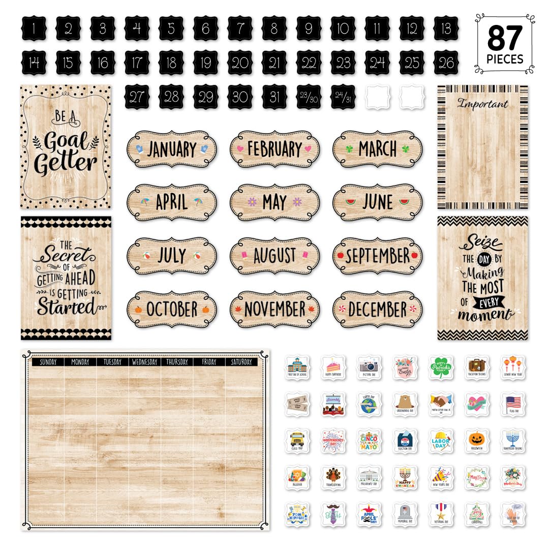 CTP Core Décor Black, White, and Wood Calendar Set Bulletin Board Top Classroom Decorating Accents (Creative Teaching Press 10920)