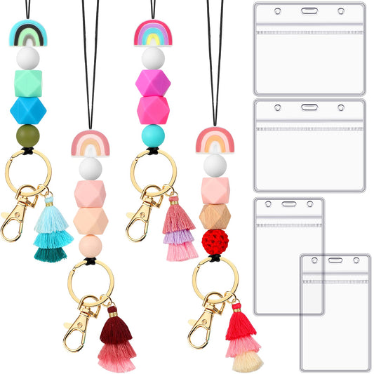 Outus 4 Pcs Teacher Lanyards with Badge Holders, Beaded ID Holder Lanyard for Teachers, Classroom Essentials for Teachers, Back to School Teacher Supplies, Staff Badge Key Holder