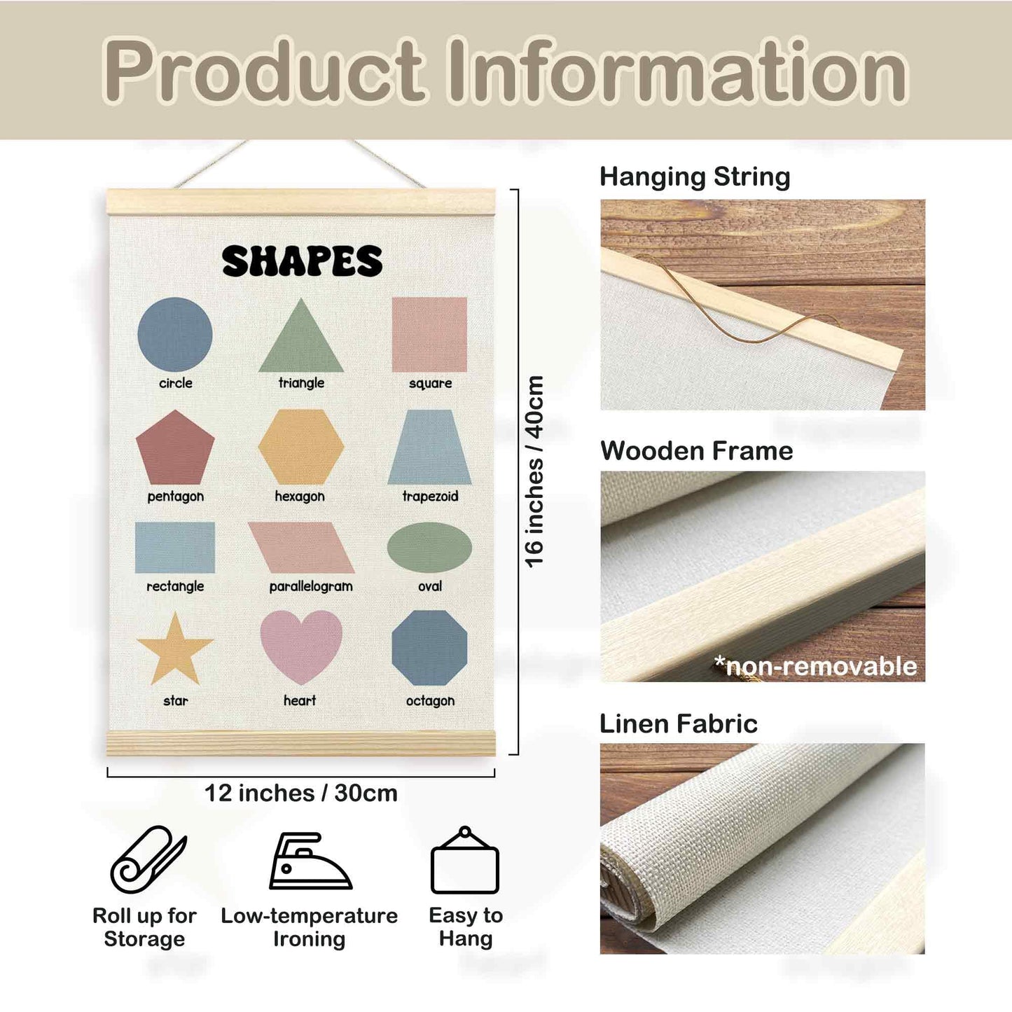 TLESKE Shapes Directions Chart Poster Hanger Frame for Toddler Kid Classroom Set of 2, Homeschool Hanging Wall Art Decor for Nursery Playroom, Preschool Prek Learning Educational Poster, 12x16