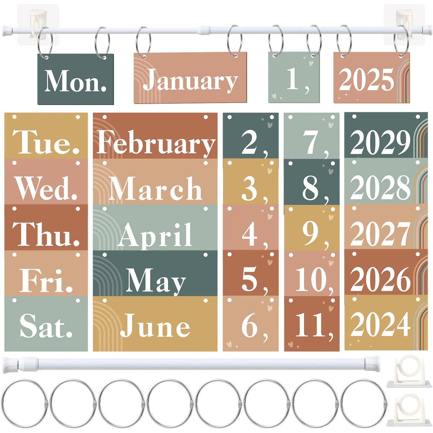 Containlol 56 Pcs Modern Boho Calendar Set Rainbow Flip Calendar with Holder Boho Classroom Decoration Cards Adjustable Rod Holder for Back to School Supplies