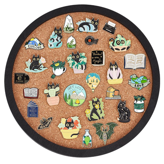 BENECREAT Flat Round Pin Board Cork Board, 7.87inch Bulletin Board Wall Mounted Display Board with Black Frame for Brooch Pin Storage Display, Office Home School Decor