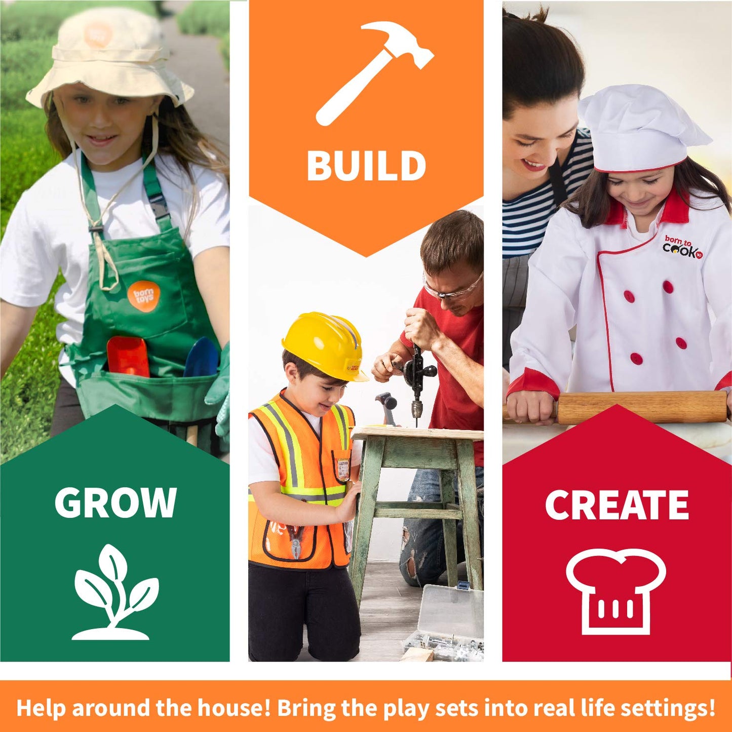 Born Toys 3-in-1 Toddler Dress Up Clothes for Boys & Girls Ages 3-7, Chef, Construction and Gardener Costumes for Kids with Working Pretend Play Toy Accessories, Career Outfit Set, Gift Ready