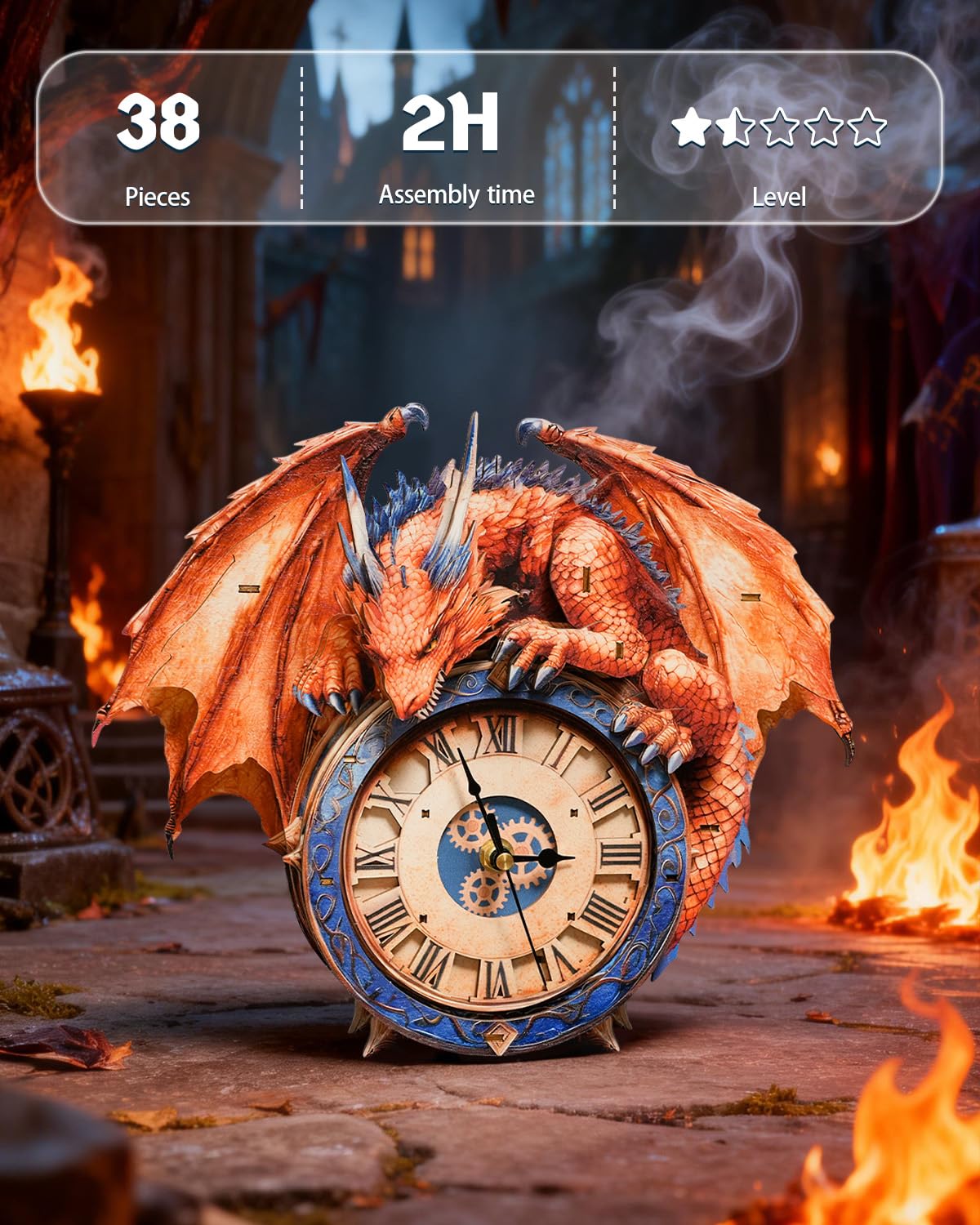 Rnfinewow 3D Puzzles for Adults, 3D Puzzle Fiery Dragon Clock Kit (with Pendulum), Wooden Puzzles for Adults Home Decor DIY Clock Crafts for Adult Puzzle Gifts for Men Women
