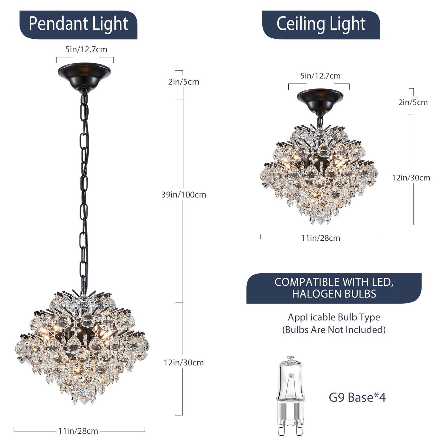 Bestier Black Pendant Chandelier Lighting Fixture, Crystal Raindrop, 4 G9 Bulbs Required, 11in x 12in Model AK-AJ-18183
