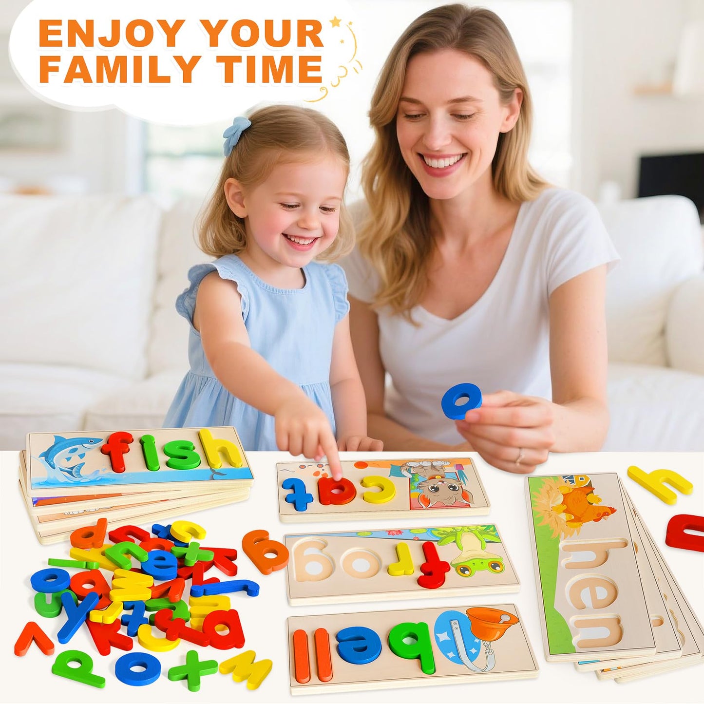Wooden See & Spell Learning Toys for 2 3 4 5 Year Old Kids, Preschool Learning Activities Alphabet Flash Cards, Educational Match Letter Game Board, CVC Word Builder Montessori Toys Gifts for Boy Girl