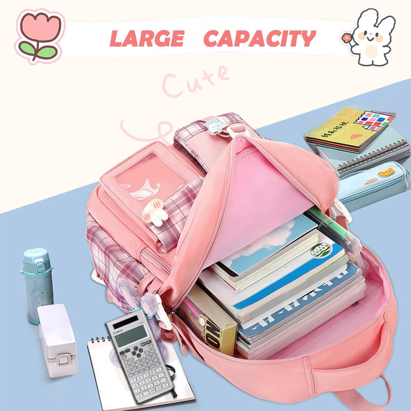 PRLINJSK Girls Backpack，Cute School Backpack for Girls Kids Teens，Kawaii Bookbag for Primary Elementary，Pink