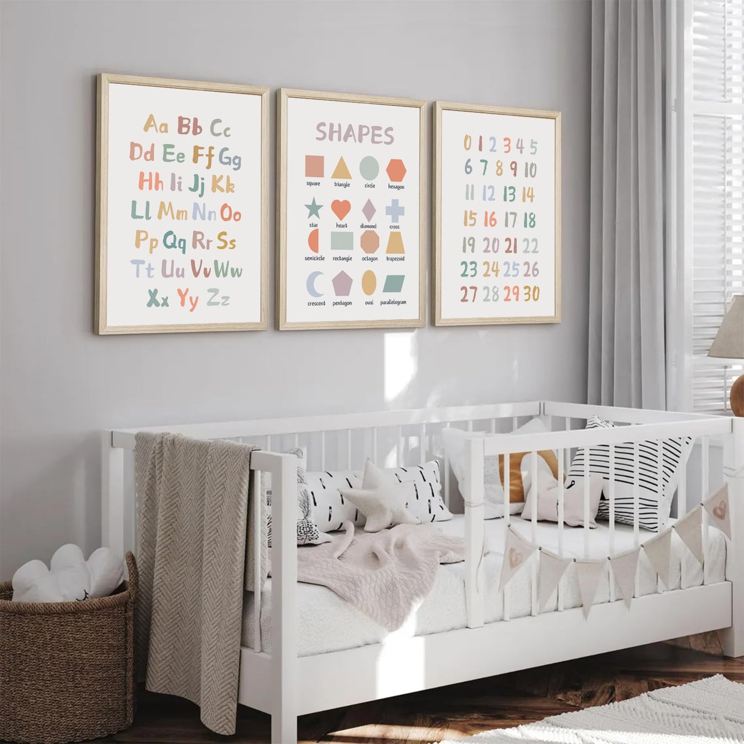 Kids Playroom Wall Art Decor Nursery ABC Alphabet Poster Play Room Canvas Wall Decor Toddler Childrens Educational Artwork Numbers Shapes Prints ABC Picture for Playroom 12x16 Inch Framed Set of 3