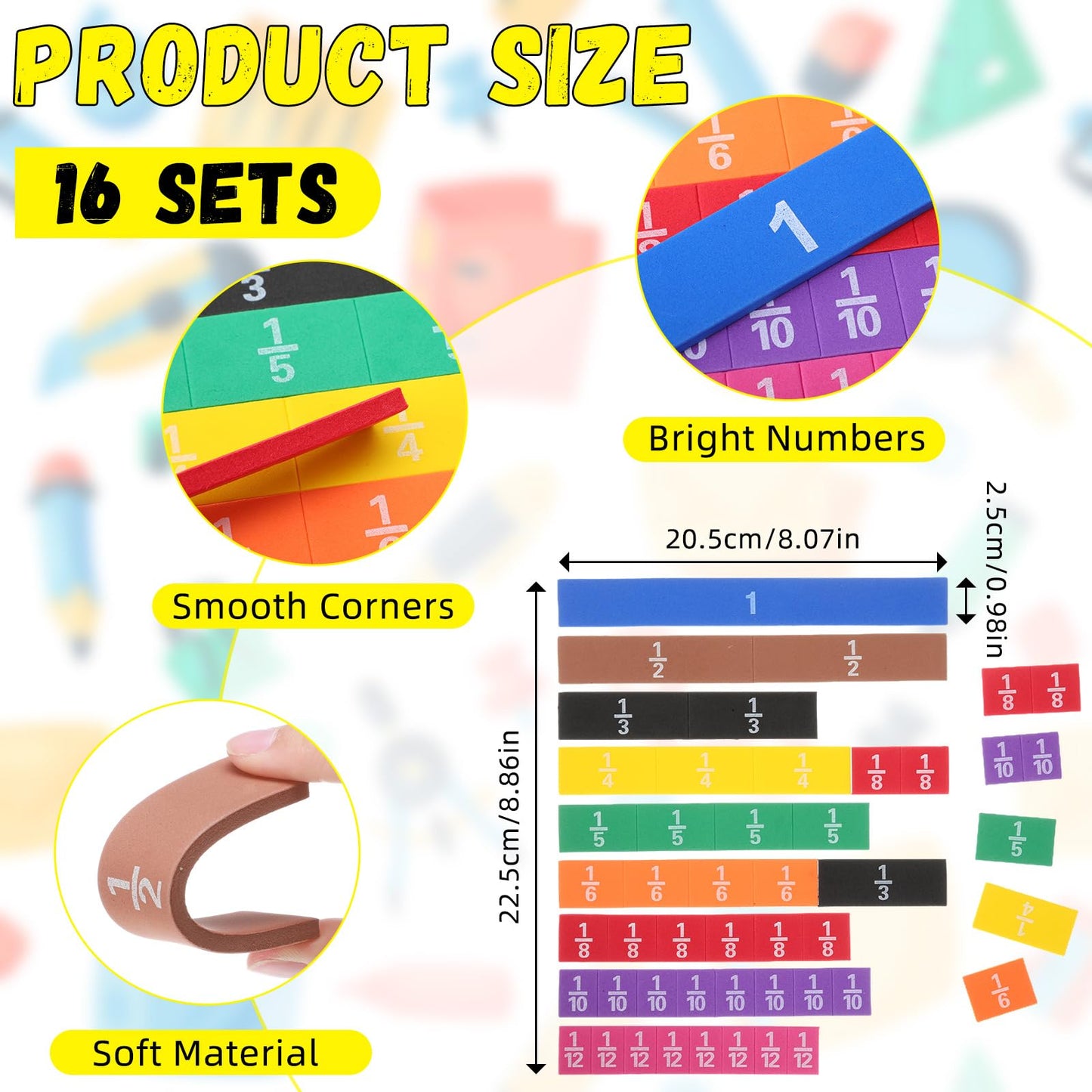 Sayglossy 16 Sets Fraction Tiles Set for Math Classroom Fractions Manipulatives Math Learning Manipulatives for Home School Supplies