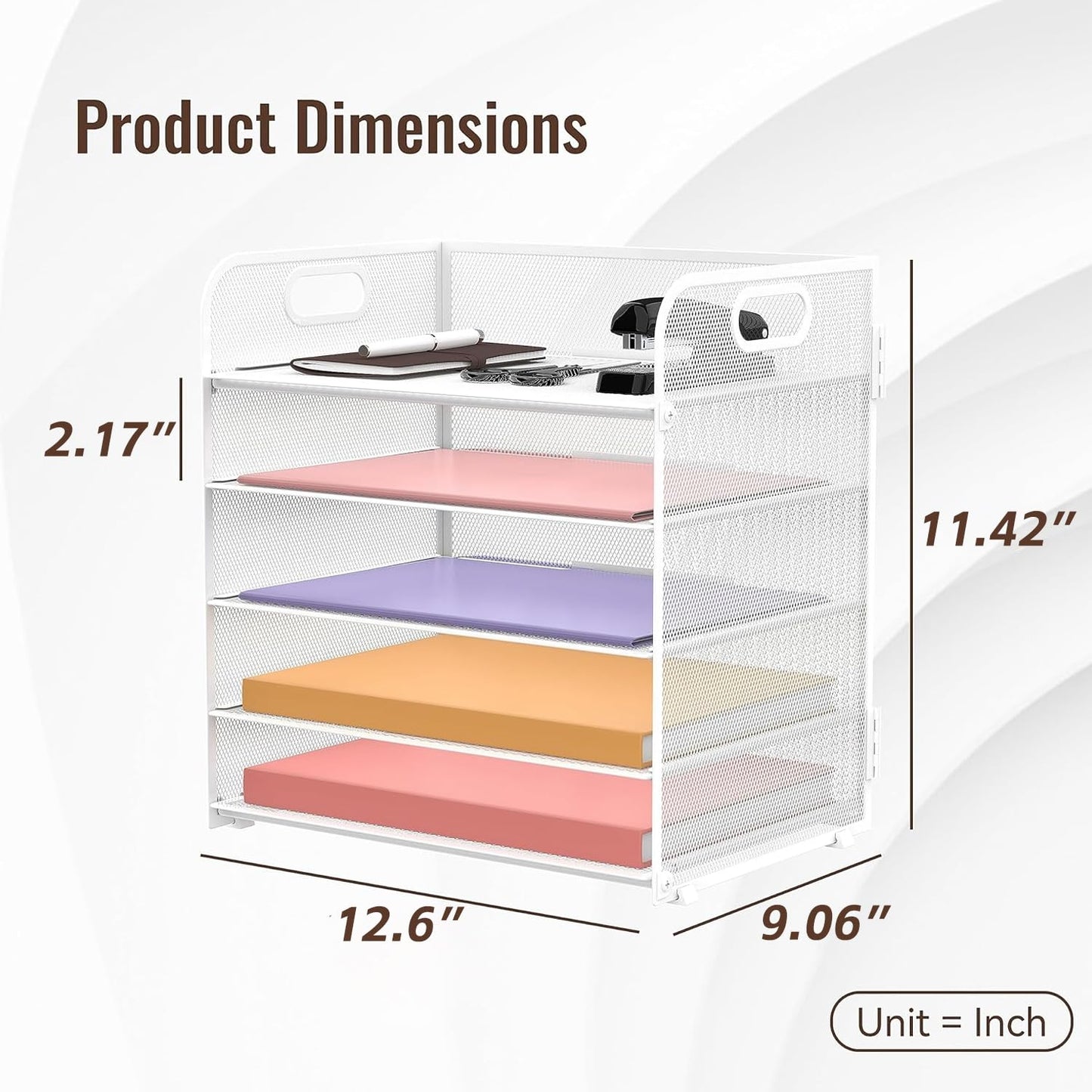 Supeasy 5 Trays Paper Organizer Letter Tray with Handle-Mesh Desk File Holders, Paper Sorter Desk Organizer for Office, Home, Classroom or School, White