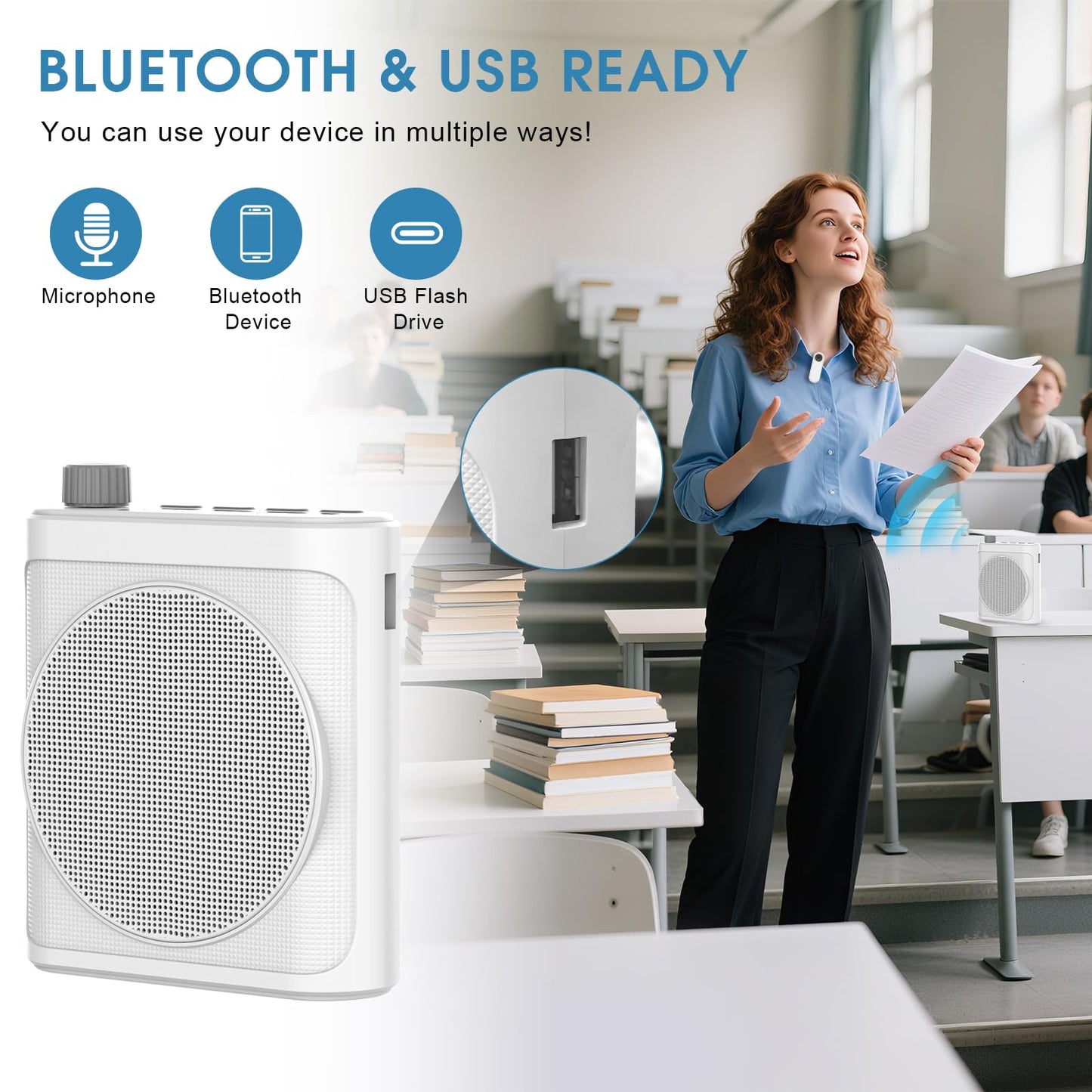 15W Wireless Voice Amplifier with 2 Magnetic Lavalier Mics & Noise Reduction - Bluetooth 5.3 PA System for Teachers, Tour Guide, Yoga - 15H Rechargeable Battery, Waist-Mount Design (White)