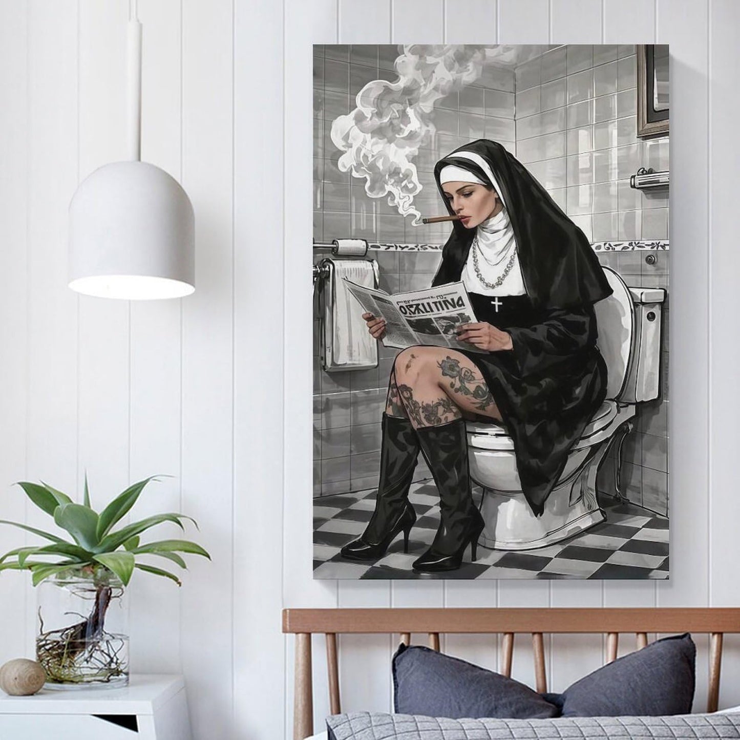JHXNJDPOST Nun Smoking in Bathroom with Newspaper Poster Black And White Canvas Wall Art Aesthetic Decorative Painting Living Room Restaurants, Pool Halls And Hotelsstyle-6 12x18inch(30x45cm)
