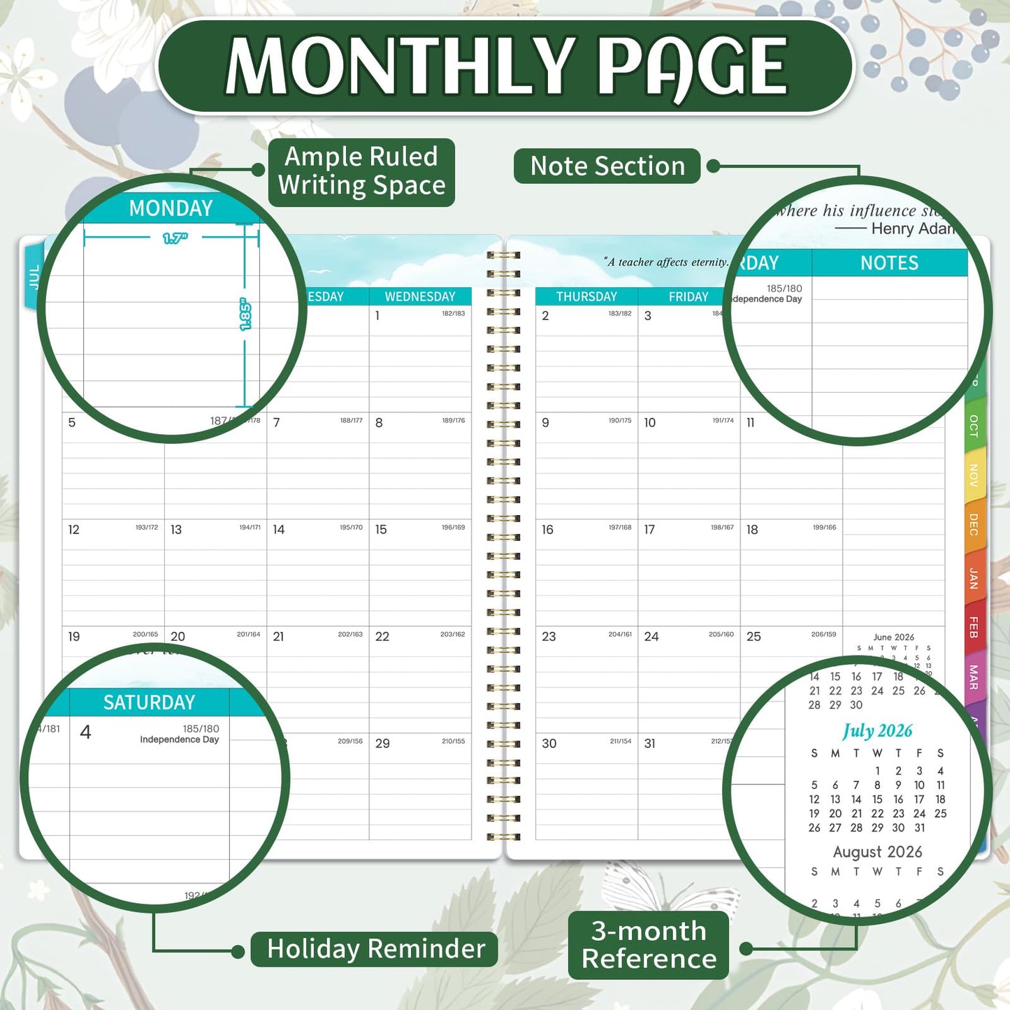Teacher Planner 2026-2027 - Teacher Lesson Planner 2026-2027, 8.3" x 11", Jul.2026 - Jun.2027, Academic Planner, Weekly & Monthly Lesson Plan Book for Teachers with Back pocket, Colorful Tabs - Floral