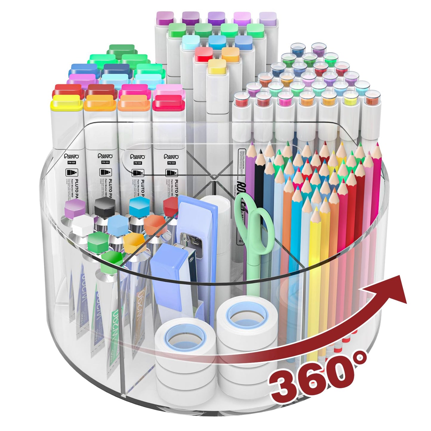 Absonic 250pcs Acrylic Pencil Holder Marker Organizer, 360-Degree Rotating Pen Holder, Crayon Organizers for Kids Pencil Organizer Caddy Art Supply Lazy Susan Organizer for Desk Home School Office