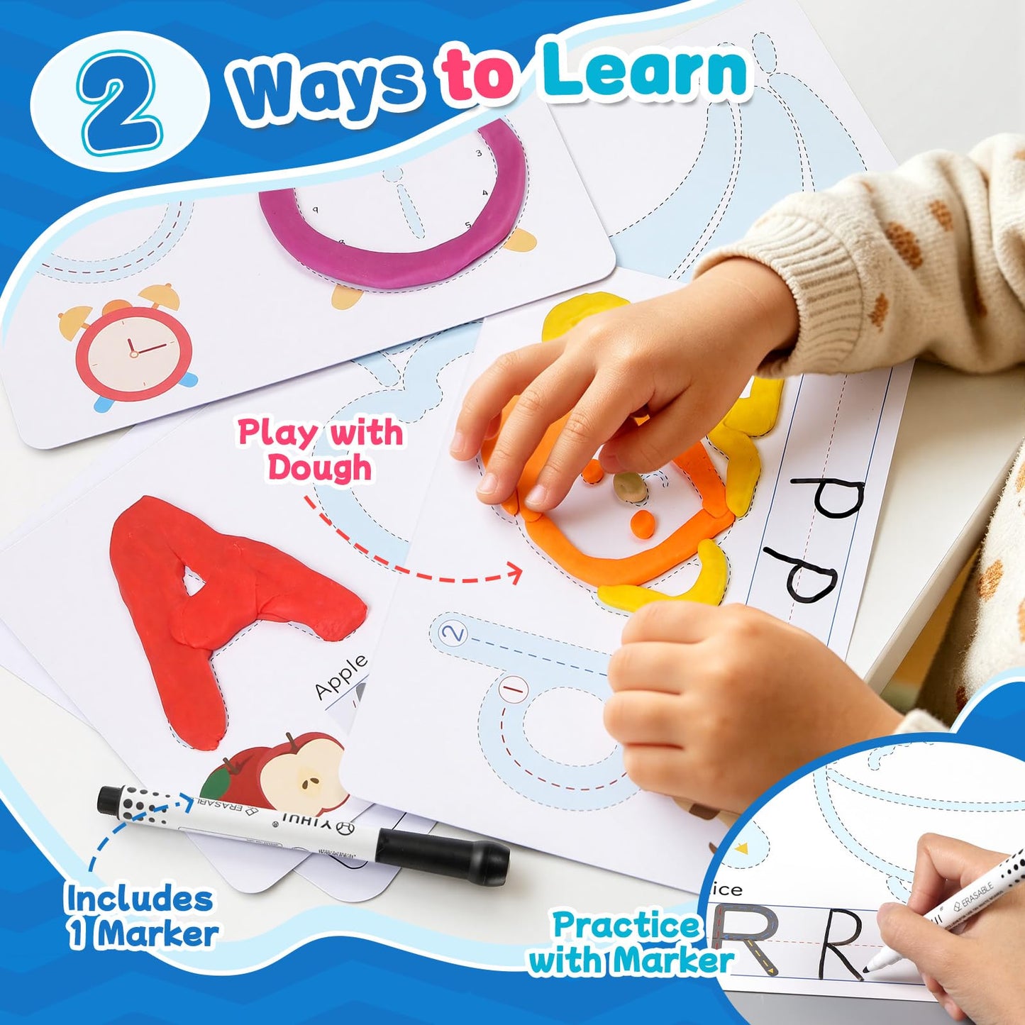 Crelloci Alphabet & Number Dough Learning Mats for Kids Ages 2+ – Double-Sided ABC, Counting & Shape Activity Cards, Reusable Write & Wipe Preschool Learning Set with Marker