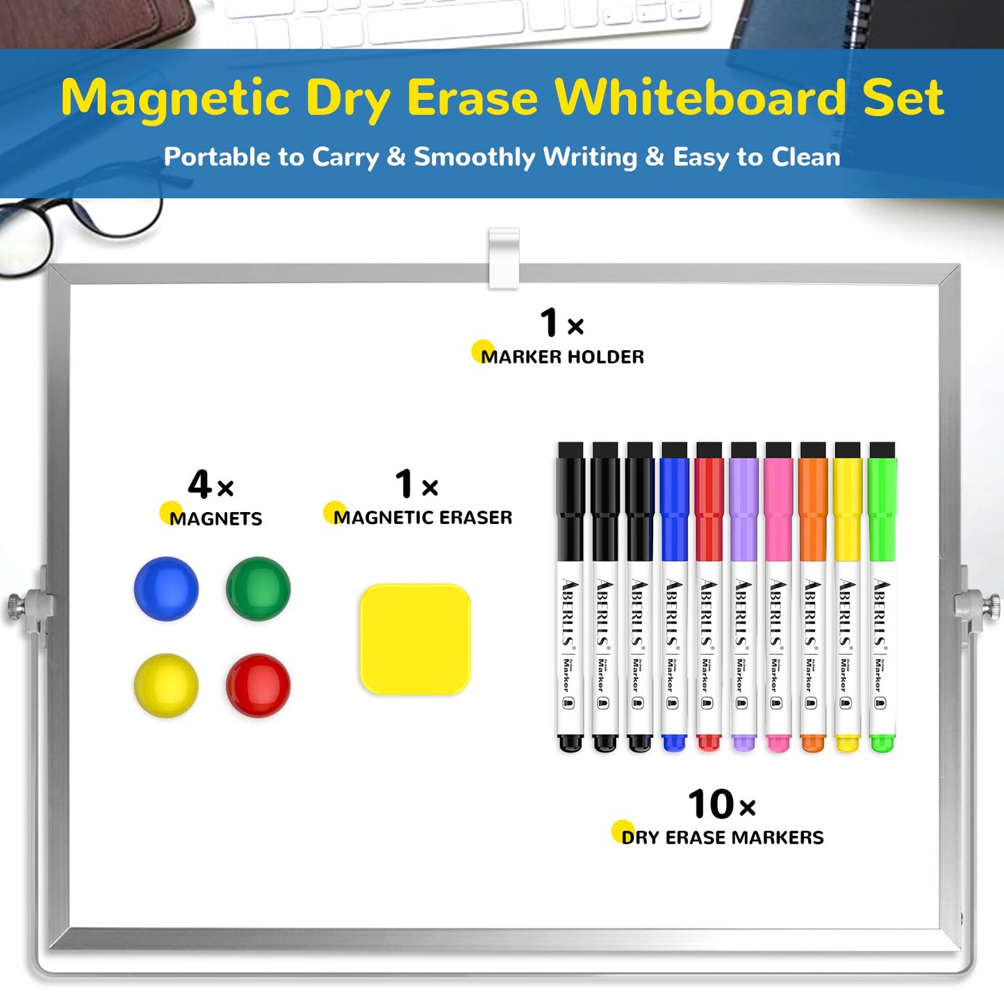 Dry Erase White Board, 16inX12in Large Magnetic Desktop Whiteboard with Stand, 10 Markers, 4 Magnets, 1 Eraser, Portable Double-Sided White Board Easel for Memo to Do List Desk Office