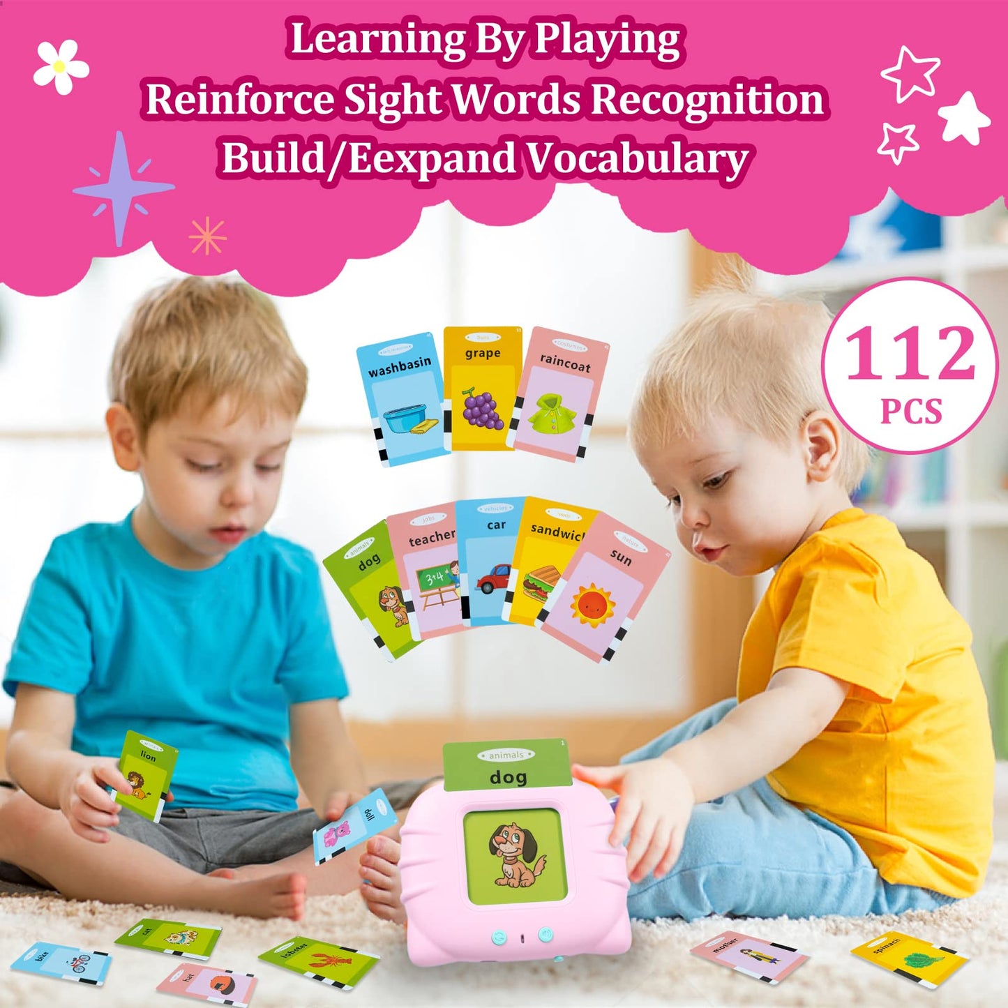 QuTZ ABC Learning Flash Cards for Toddlers 2-4, Autism Toys, Speech Therapy Educational Talking Sight Words Kindergarten Boys and Girls, 248 Pink