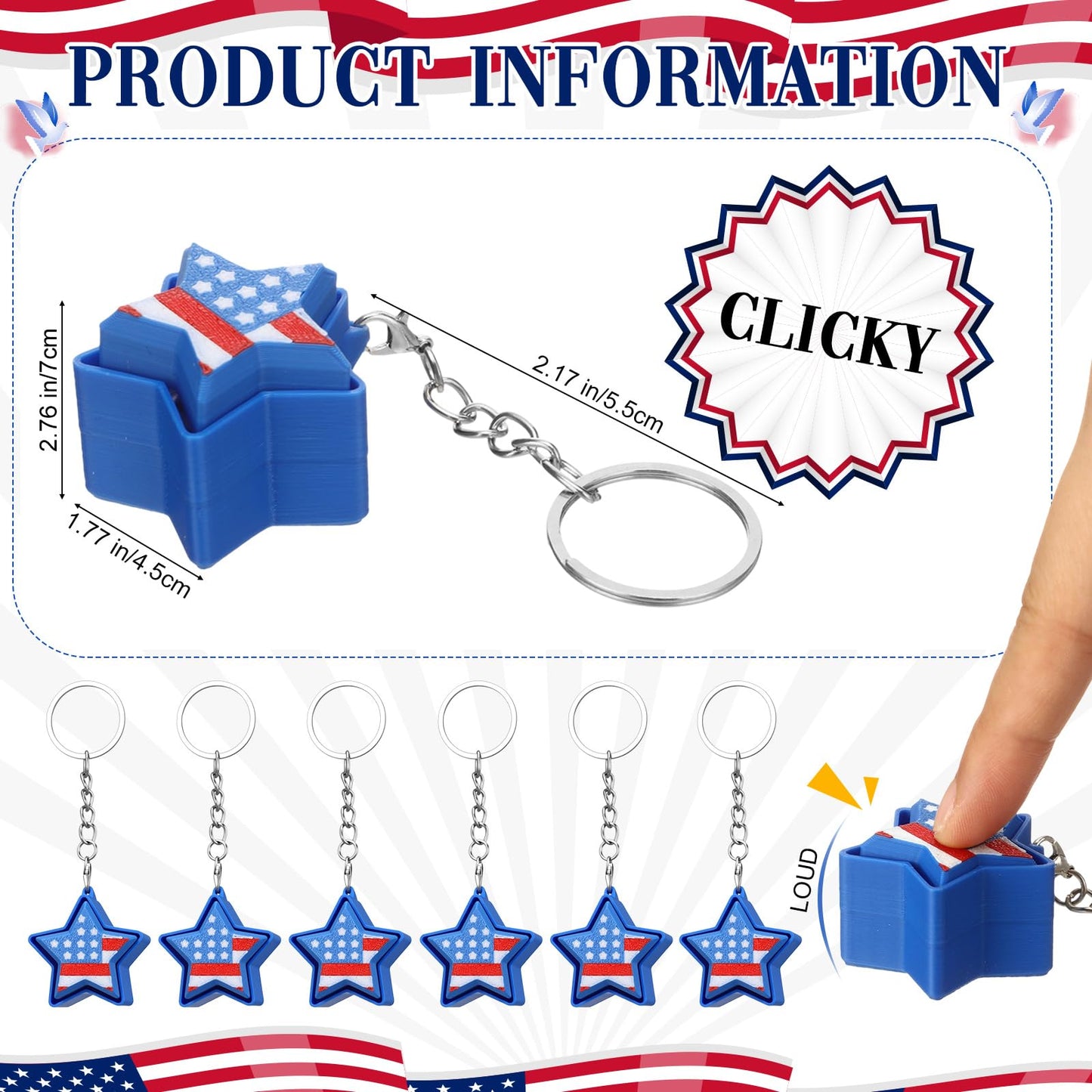 Kenning 12 Pcs American Flag Clicker Fidget Keychain Bulk Patriotic 3D Printed Fidget Toy 4th of July Party Favors 250th Anniversary Flag Keychain for Independence Memorial Veterans Day Gifts