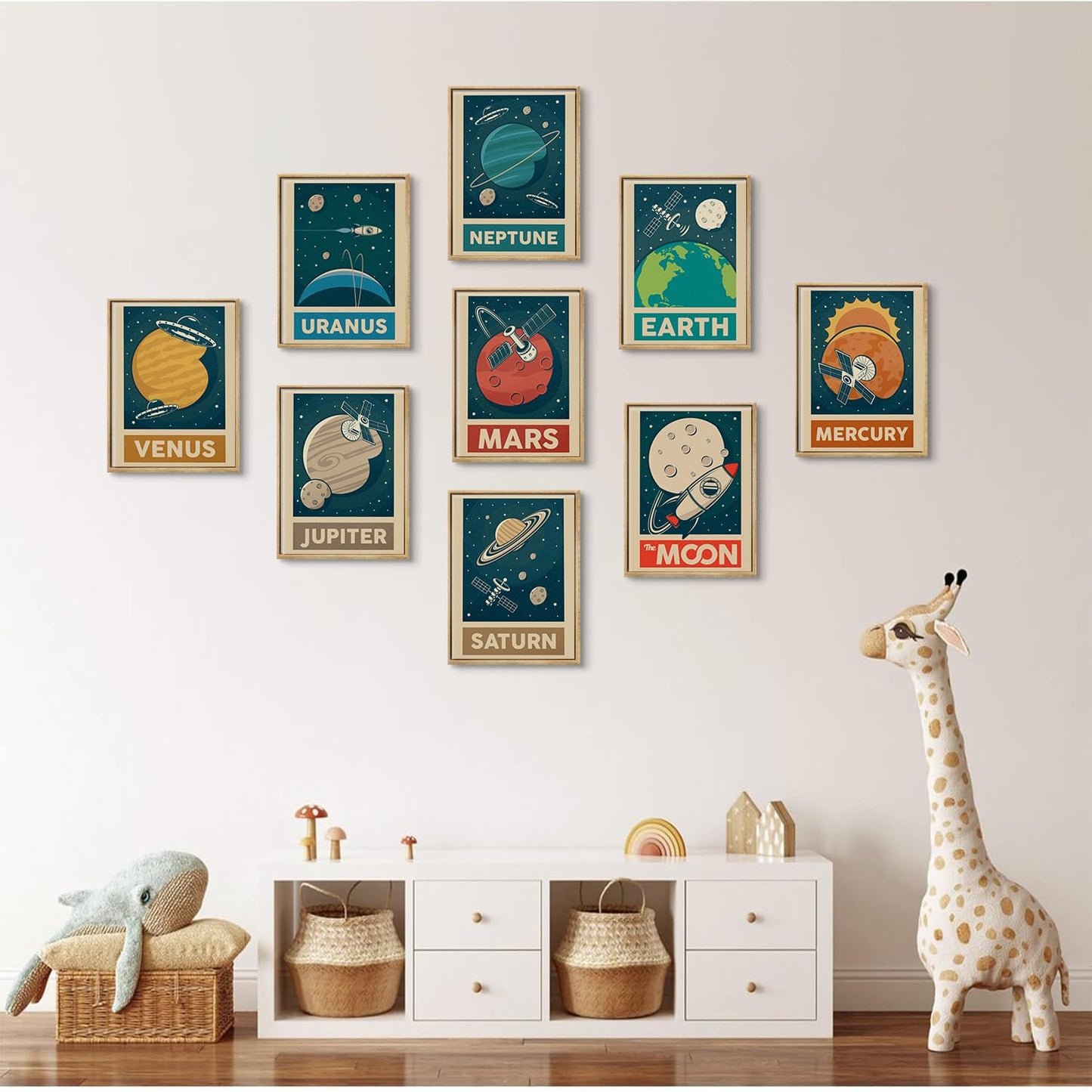 9pcs Retro Solar System Wall Art Nursery Space Pictures Retrospace Galaxy Wall Decor Outer Space Paintings Prints Sci-Fi Planet Posters for Boys Girls Kids Bedroom Living 12x16in Unframed