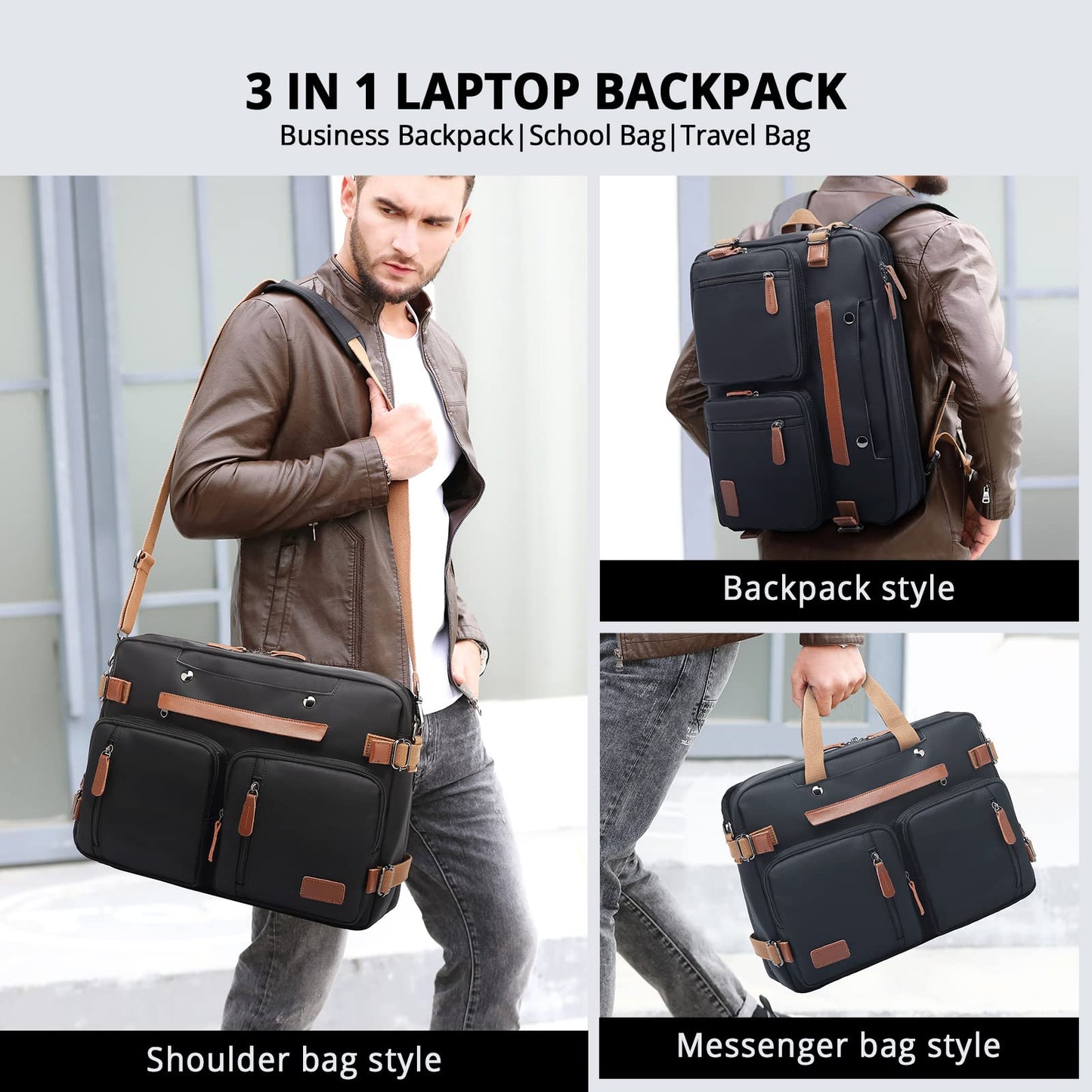 MOLNIA 15.6 inch Laptop Backpack for Men Women,3 in 1 Briefcases For Men,Messenger Bag Laotop Bag Computer Bags For Work College Travel, Black