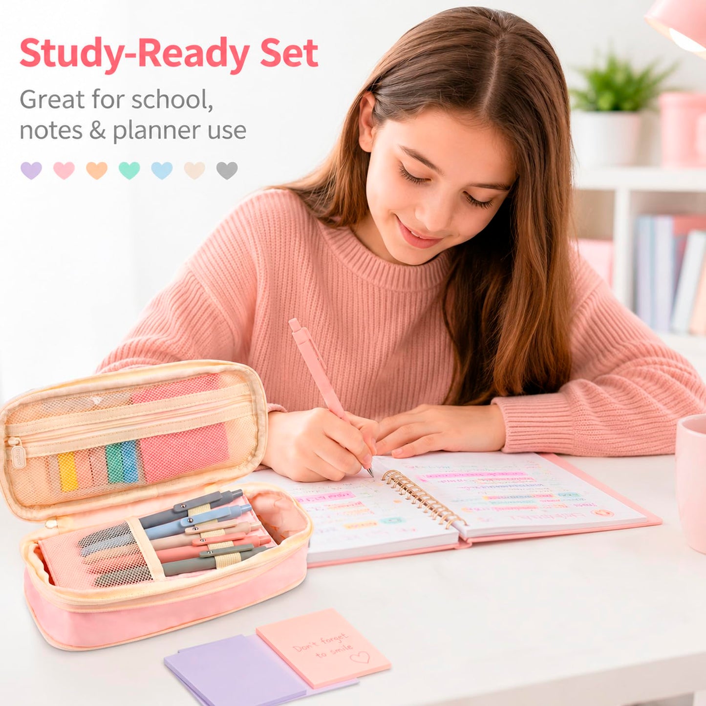 Aesthetic School Supplies with Pencil Pouch - 27Pcs Cute College Essentials Set, Big Capacity Pen Case, Pastel Highlighters, Bible Study Journaling Stationary, Annotation Kit Stuff Gift for Girls Teen