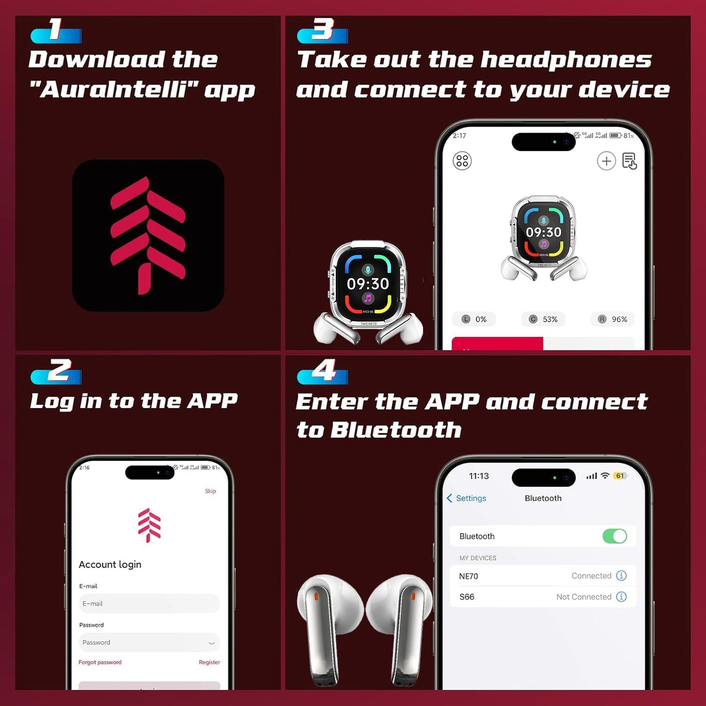 NE70 Earbuds, AI Translation Earbuds Real Time Support 165 Languages, Language Translator Headphones with LCD Touch Screen & Anti-loss, No Subscription, 7 Translation Modes for Travel Business- White