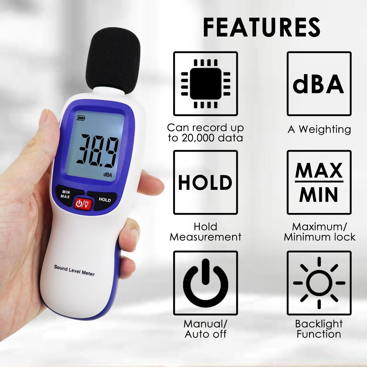 Decibel Meter Bluetooth, Portable Sound Level Meter with Data Logging, Can Fit with Smartphone App Recording, 30 to 130dBA Noise Decibel Meter SPL Meter w/Data Hold MAX MIN Alarm Backlit LCD Display
