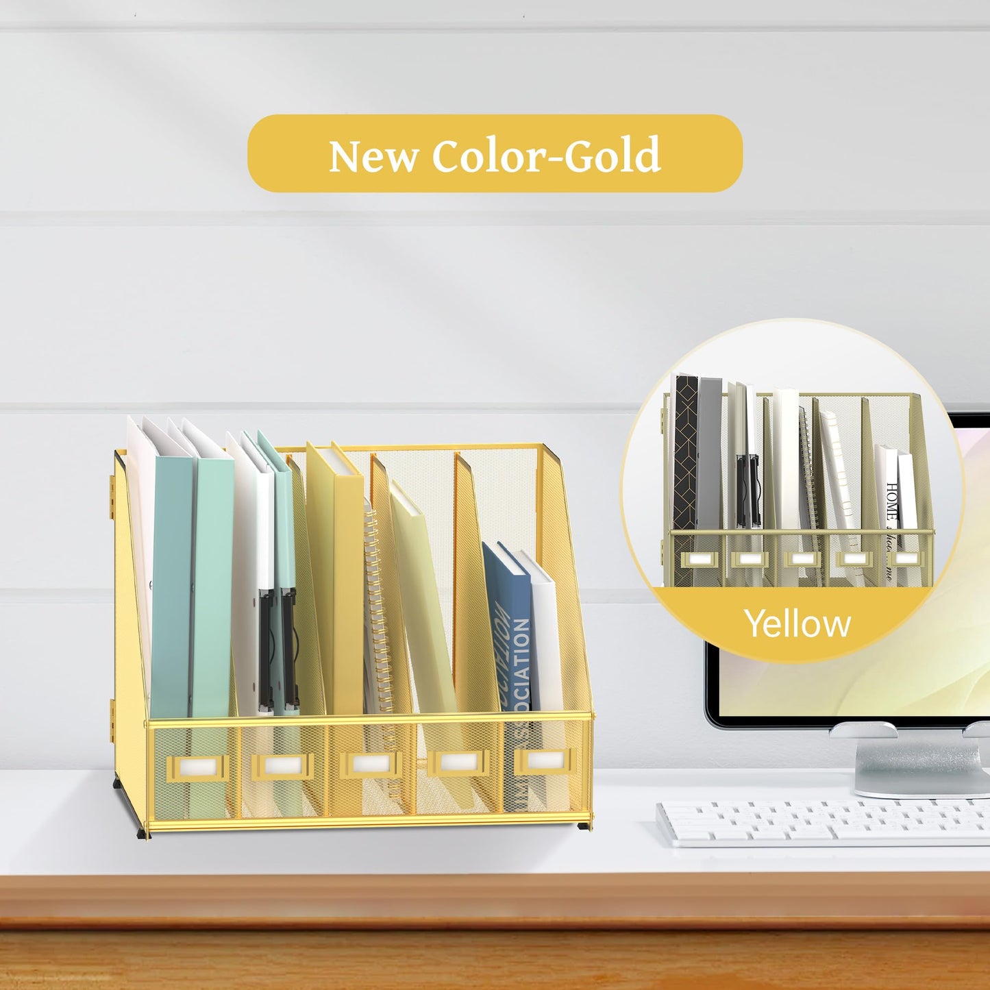 SUPEASY Desk Organizers Metal Desk Magazine File Holder with 5 Vertical Compartments Rack File Organizer for Office Desktop, Classroom, Home Workspace, Gold