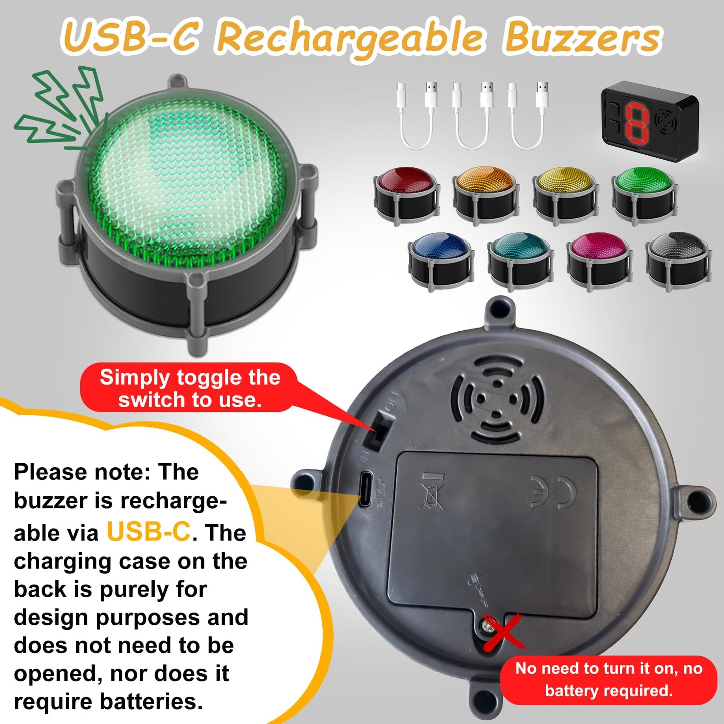 Buzzers for Trivia Games, Rechargeable Answer Buzzers for Classroom with Light, Show Who Buzzed First, 4 Modes, 50m(164Ft)-Buzzer System for Game Show, School, Jeopardy, Family Feud Night (8 Color)