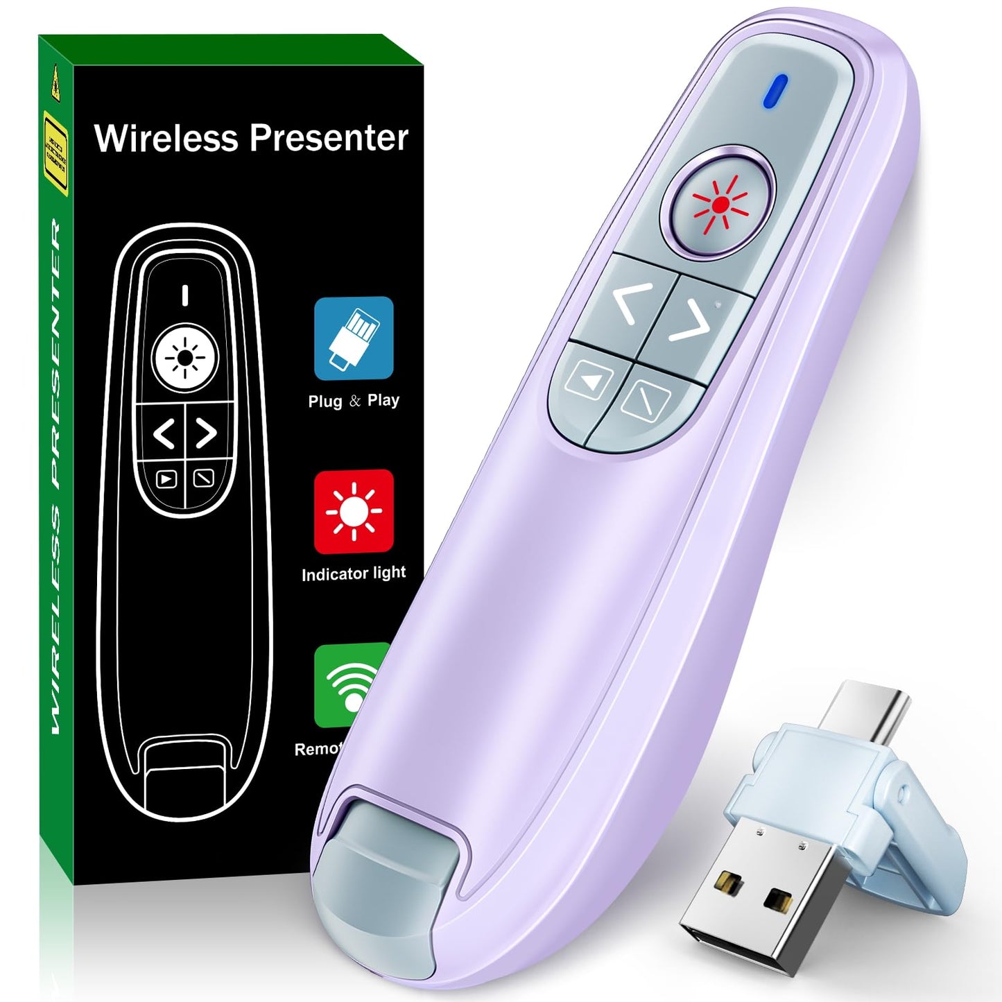 2-in-1 USB Type C Presentation Clicker, Wireless Presentation Clicker PowerPoint Presenter Remote with Volume Control, Powerpoint Clicker with Slide Advancer for Computer/Laptop/Mac,Purple