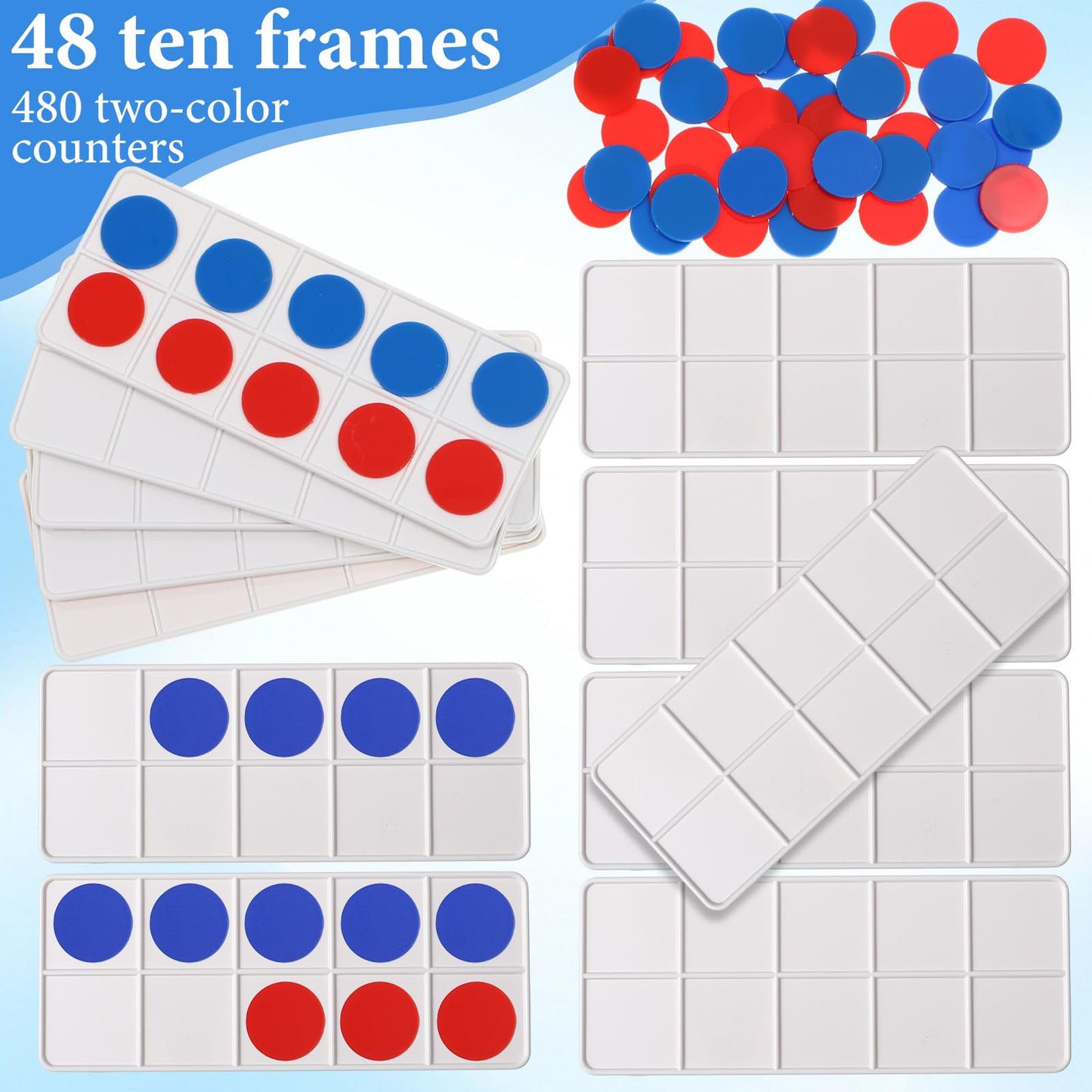 Soulchen 48 Sets Plastic Ten Frames for Classroom Math Manipulatives for Kids Classroom Math Counters Supplies Including 48 Plastic Ten Frames, 480 Counters for Teach Number Concepts (Red, Blue)