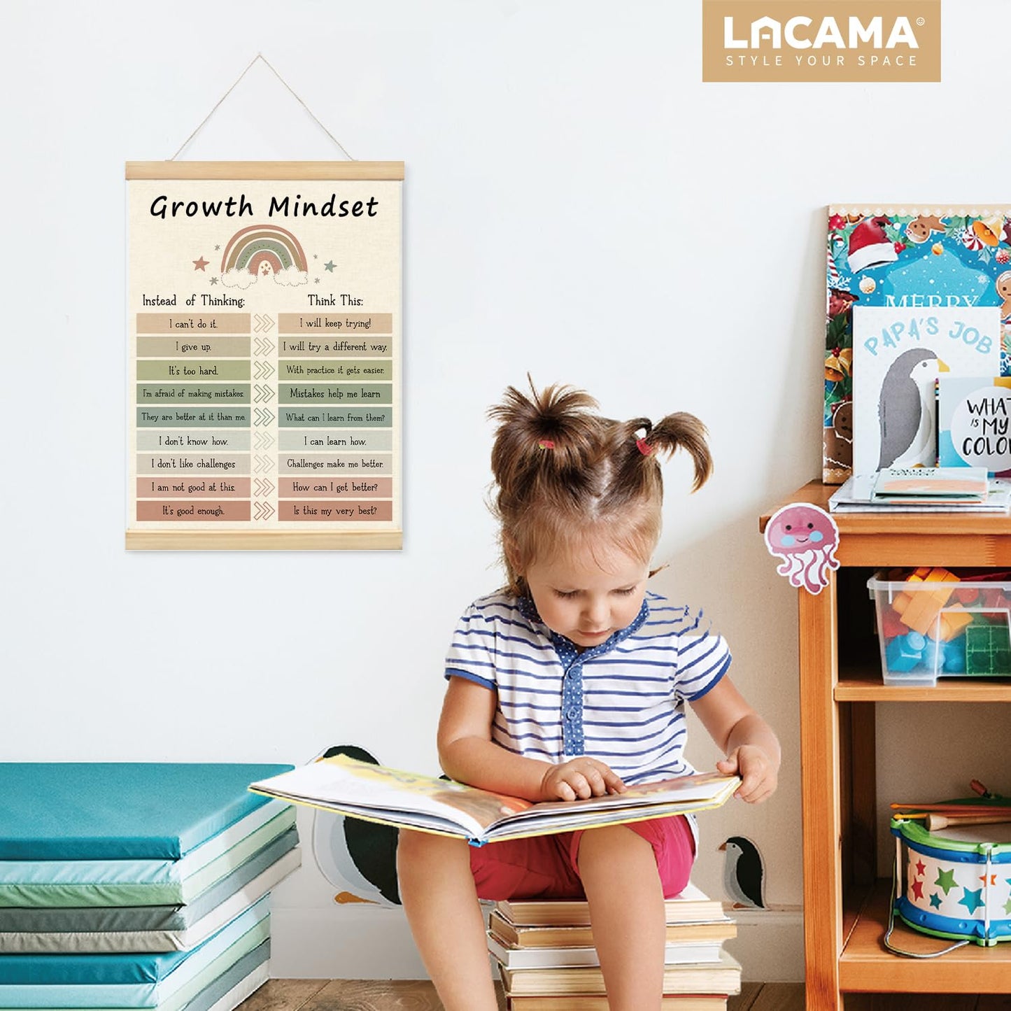 Lacama Boho Homeschool Classroom Decor, Positive Affirmations Posters Hangers Frame for Nursery Decor, Motivational Poster Hanger Frame,Growth Mindset Chart Wooden Poster Hanger, 12x16 Inches