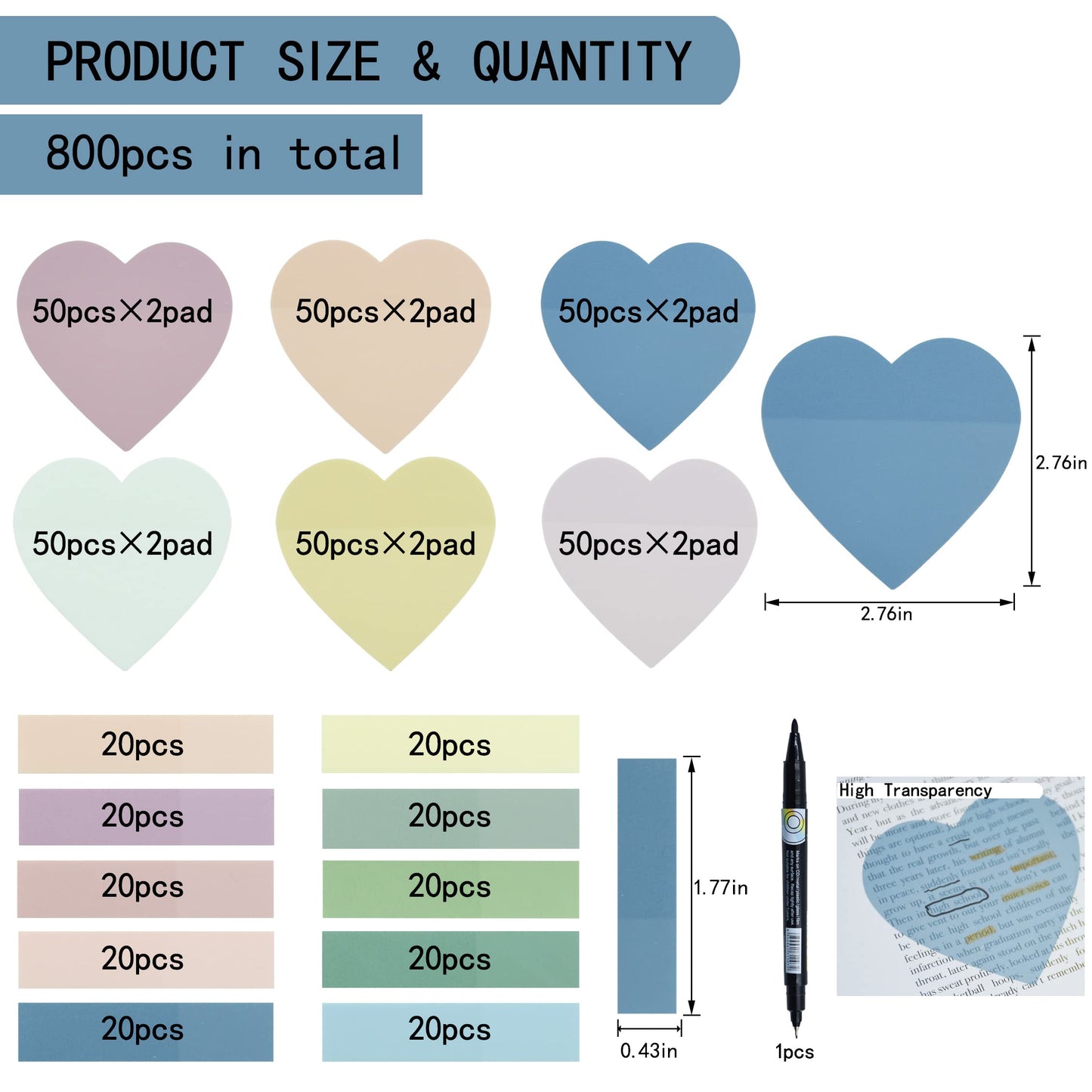 YOUDEFUL 800Pcs Transparent Sticky Notes, 2.76"x2.76" Clear Heart Sticky Notes, Waterproof Translucent Sticky Note Pads for Books Annotation, Clear Post it Notes for Bible Study, School, Office