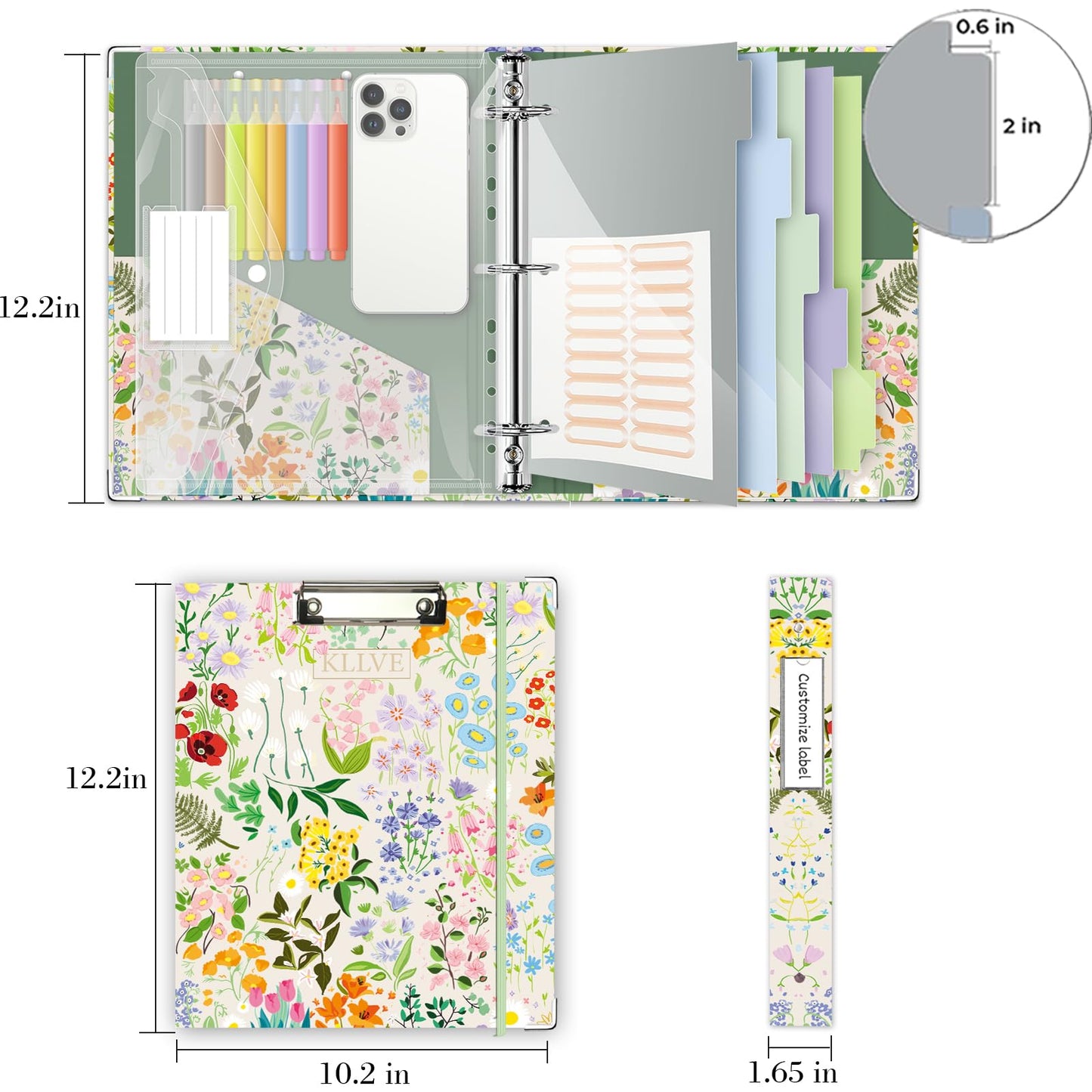 3 Ring 1 Inch Binder Organizer, KLLVE Three Ring Binders with Clipboard, 5-Tabs Pockets Dividers, Plastic Folder, 18 Divider Stikers,Pen Loop (Wildflower, Letter Size)