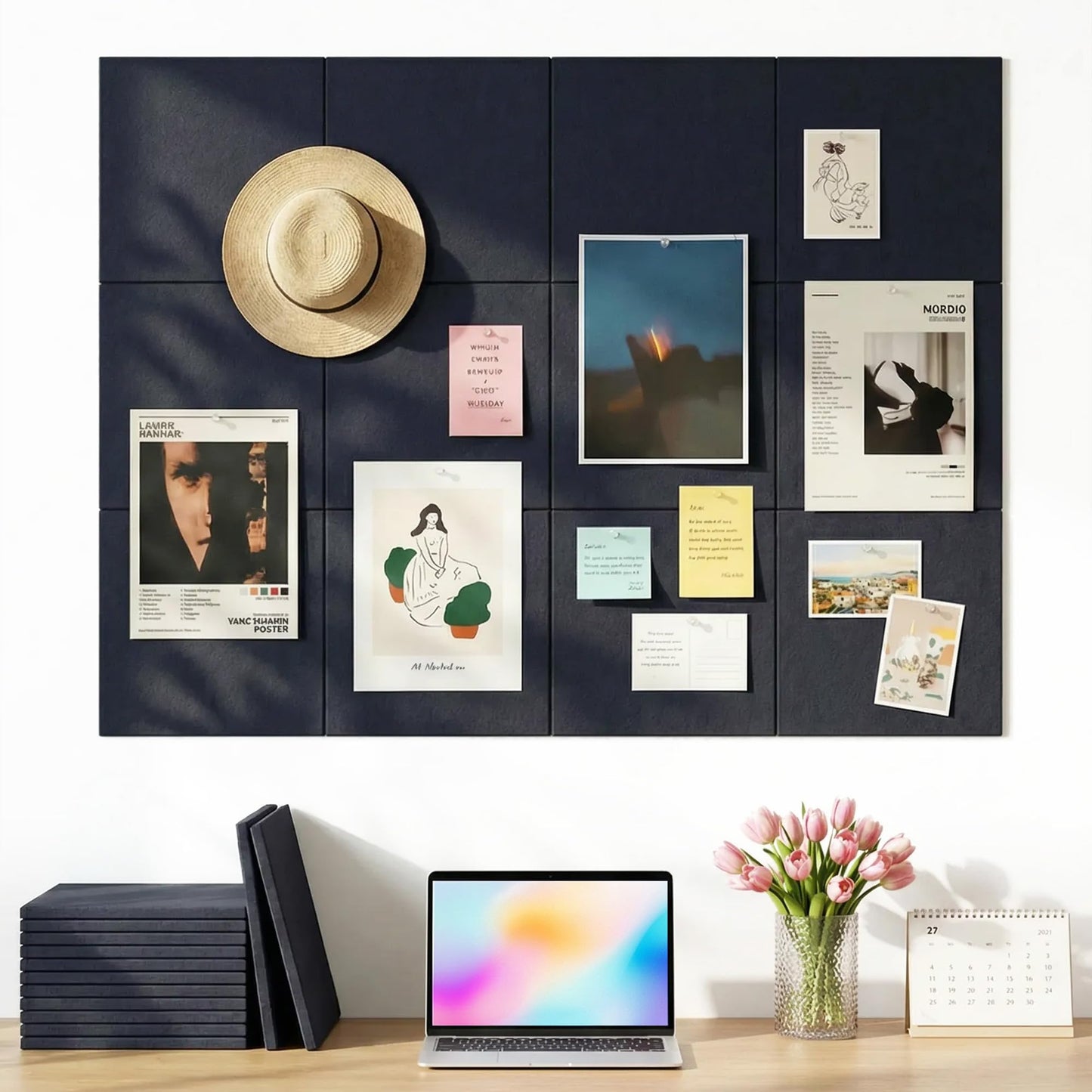 Aothia Felt Bulletin Board Tiles for Wall, 12 Pack Large 48" x 36", Felt Wall Tiles Cork Board Alternative, Adhesive Bulletin Board Tiles for Office, Classroom & Home, Navy Blue