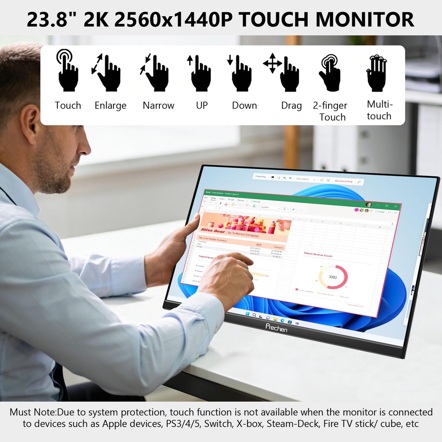 Prechen 23.8 Inch 2K 100Hz Large Portable Touchscreen Monitor 100% sRGB IPS Portable Touch Display QHD w/90° Adjustable Stand USB-C HDMI Laptop Monitor Desktop 2560X1440