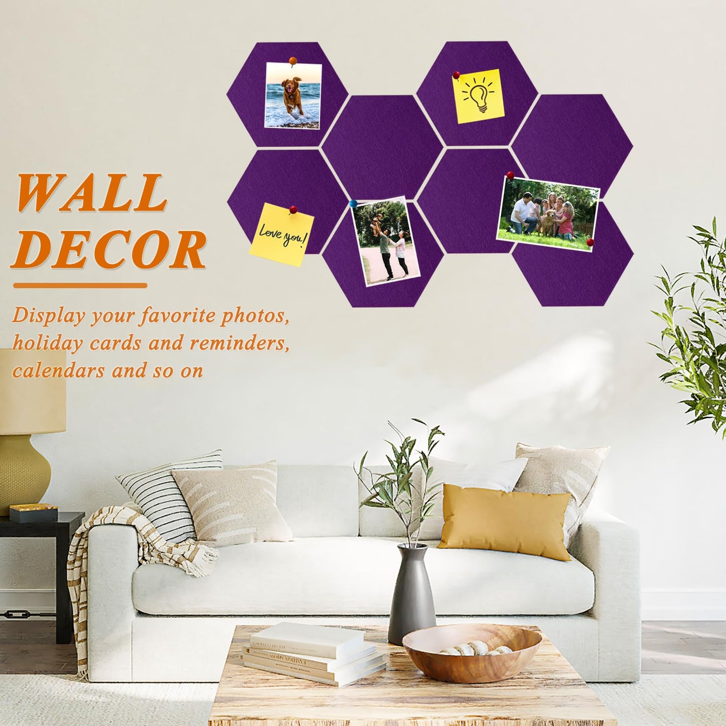 HULAVO 8 Pcs Hexagon Felt Cork Bulletin Board Tiles, Self Adhesive DIY Bulletin Board Pin Board for Office School Home Wall Decor Memos Photos Display(Purple)